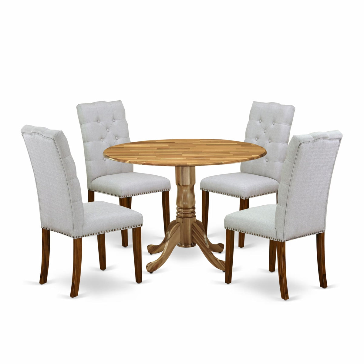 Casafoyer Dublin 5 Piece Dinette Set For 4 Includes A Round Dining Room Table With Dropleaf And 4 Grey Linen Fabric Upholstered Parson Chairs, Dlel5-Ana-05, Natural