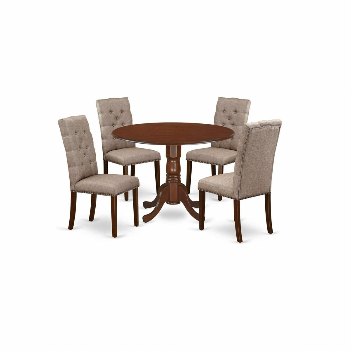 Casafoyer Dublin 5 Piece Room Furniture Set Includes A Round Dining Table With Dropleaf And 4 Dark Khaki Linen Fabric Parsons Chairs, Dlel5-Mah-16, Mahogany