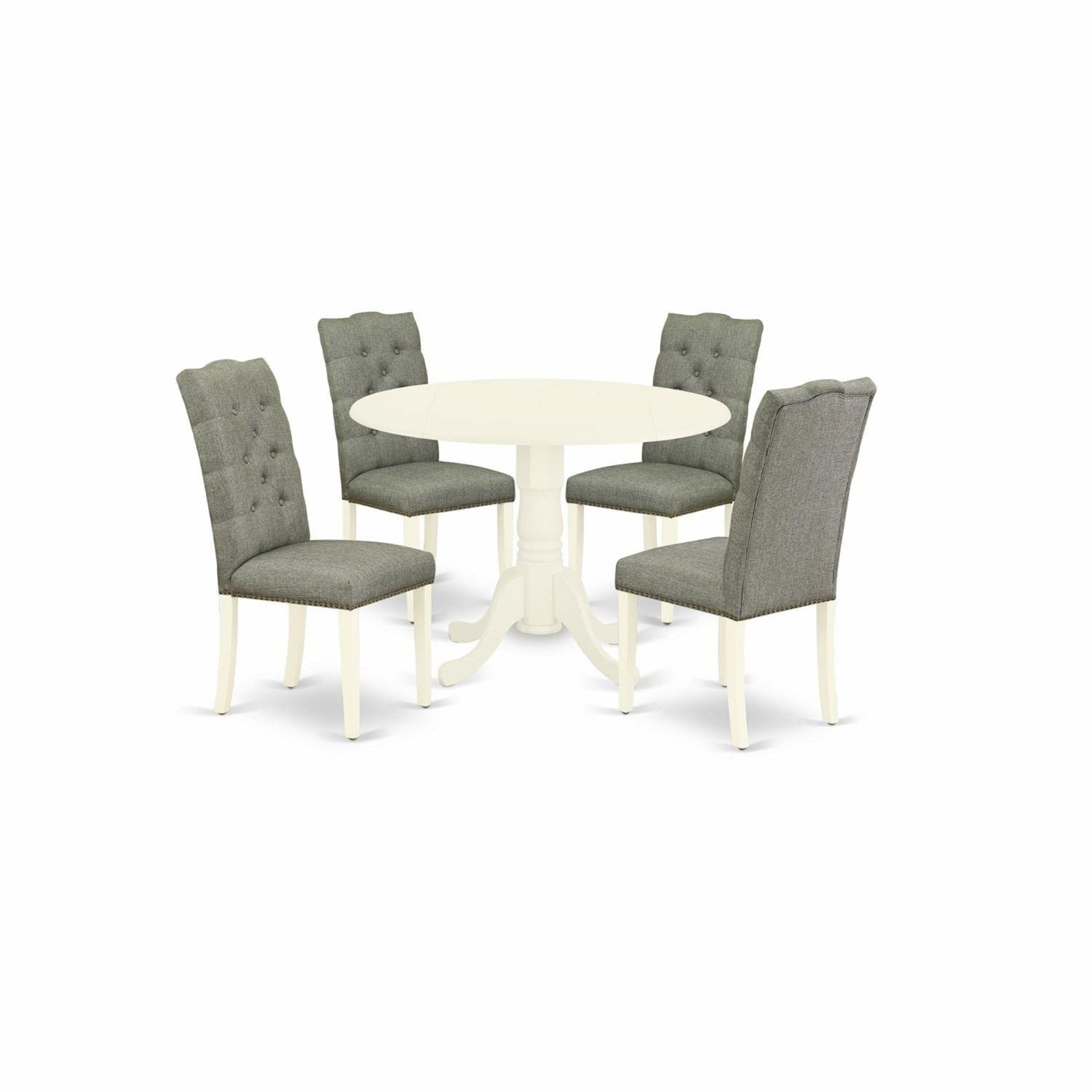 Casafoyer Dublin 5 Piece Room Set Includes A Round Dining Table With Dropleaf And 4 Gray Fabric Upholstered Parson Chairs, Dlel5-Whi-07, Linen White