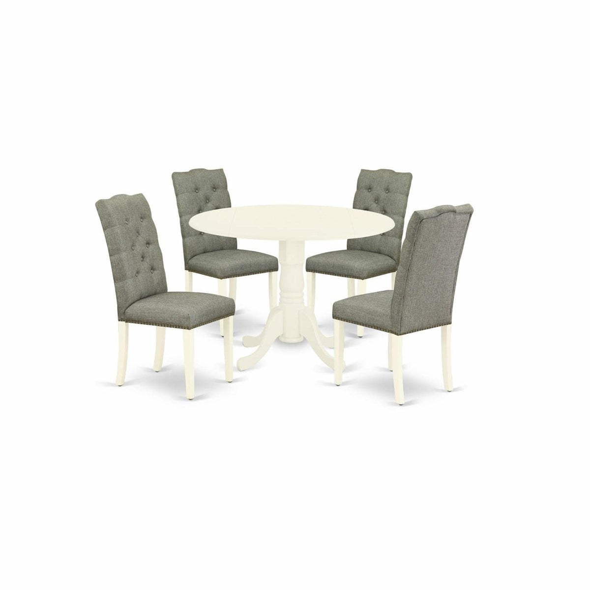 Casafoyer Dublin 5 Piece Room Set Includes A Round Dining Table With Dropleaf And 4 Gray Fabric Upholstered Parson Chairs, Dlel5-Whi-07, Linen White