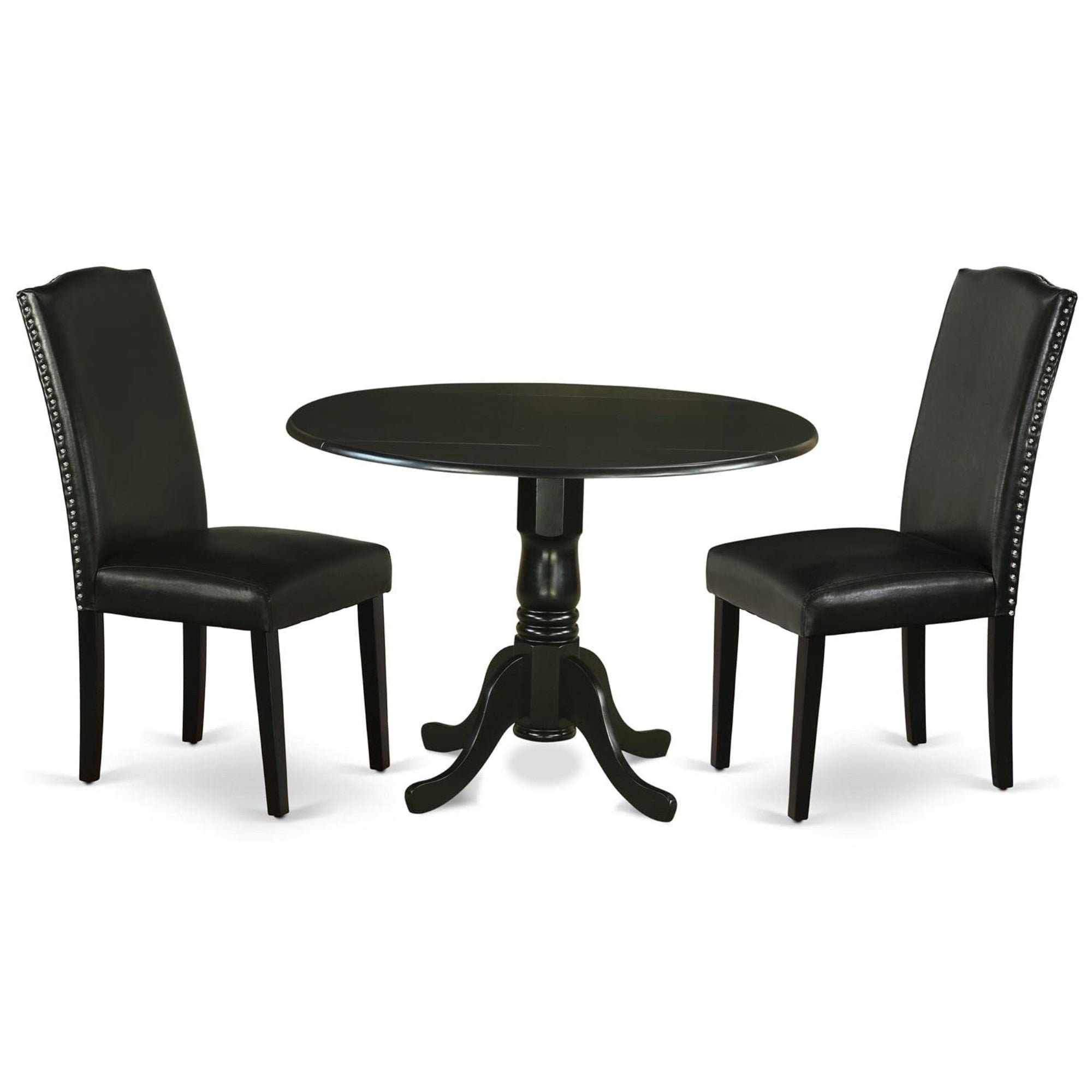 Casafoyer Dlen3-Blk-69 3 Piece Dining Room Furniture Set Contains A Round Dining Table With Dropleaf And 2 Black Faux Leather Upholstered Chairs, 42X42 Inch, Black