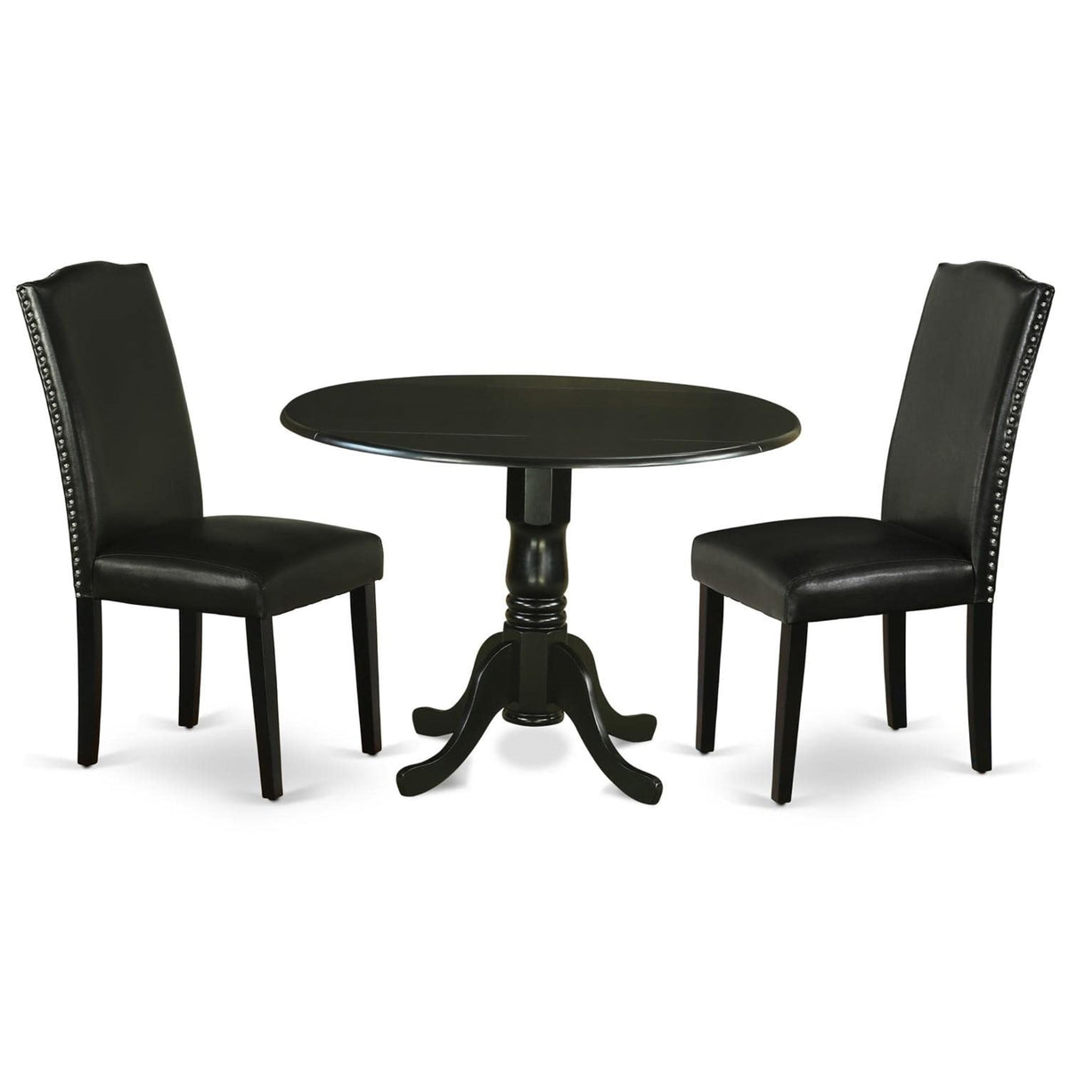 Casafoyer Dlen3-Blk-69 3 Piece Dining Room Furniture Set Contains A Round Dining Table With Dropleaf And 2 Black Faux Leather Upholstered Chairs, 42X42 Inch, Black