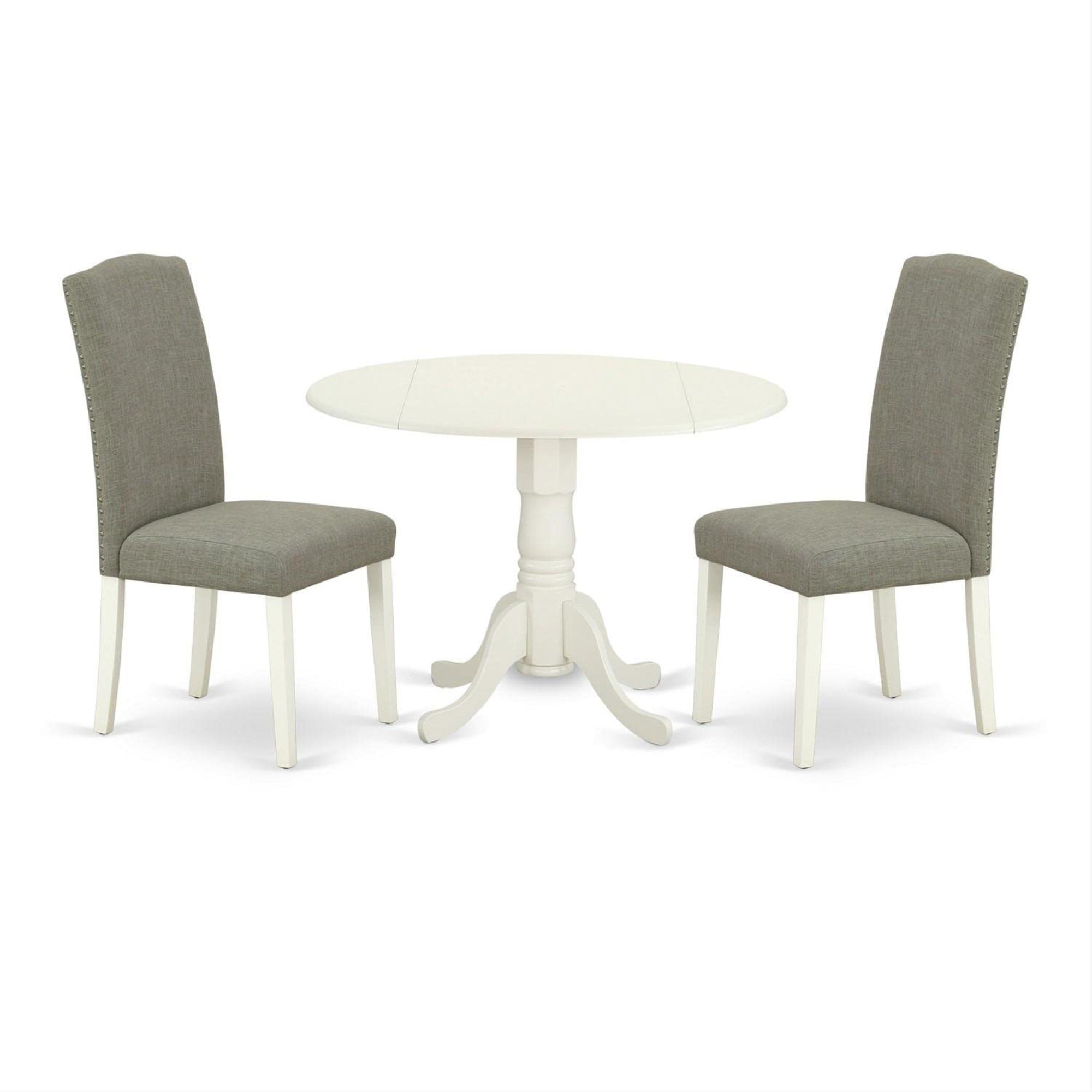 Casafoyer Dublin 3 Piece Modern Set Contains A Round Wooden Table With Dropleaf And 2 Dark Shitake Linen Fabric Parson Dining Chairs, 42X42 Inch, Dlen3-Lwh-06