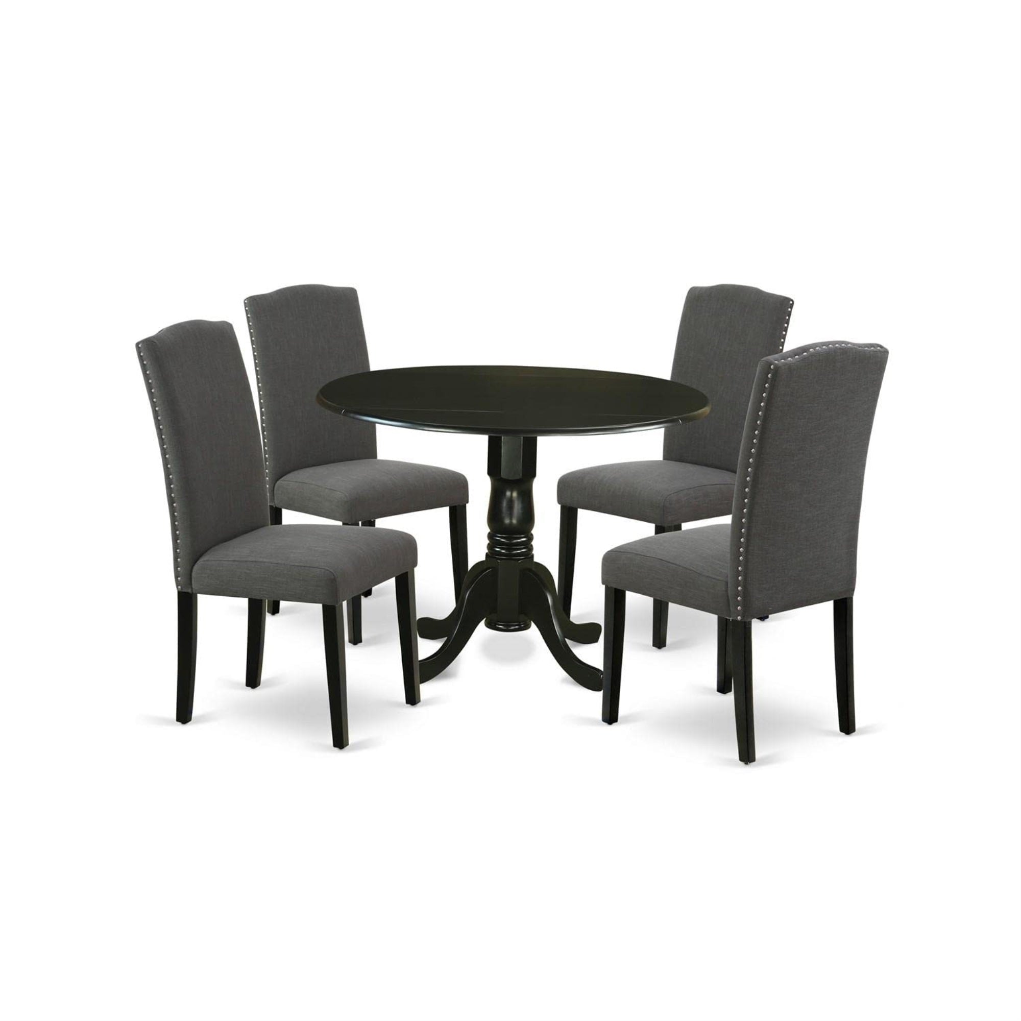 Casafoyer Dublin 5 Piece Set Includes A Round Dining Room Table With Dropleaf And 4 Dark Gotham Linen Fabric Upholstered Parson Chairs, 42X42 Inch, Dlen5-Blk-20