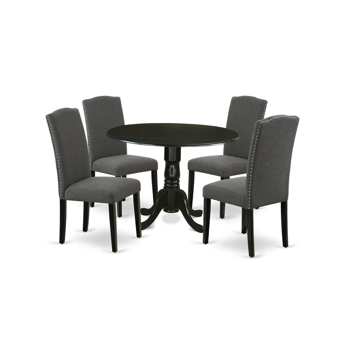 Casafoyer Dublin 5 Piece Set Includes A Round Dining Room Table With Dropleaf And 4 Dark Gotham Linen Fabric Upholstered Parson Chairs, 42X42 Inch, Dlen5-Blk-20