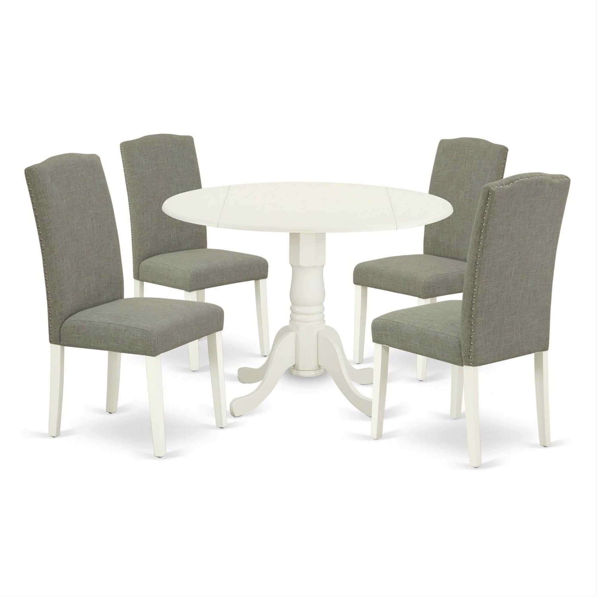Casafoyer Dlen5-Lwh-06 5 Piece Kitchen Table & Chairs Set Includes A Round Dining Table With Dropleaf And 4 Dark Shitake Linen Fabric Upholstered Chairs, 42X42 Inch, Linen White