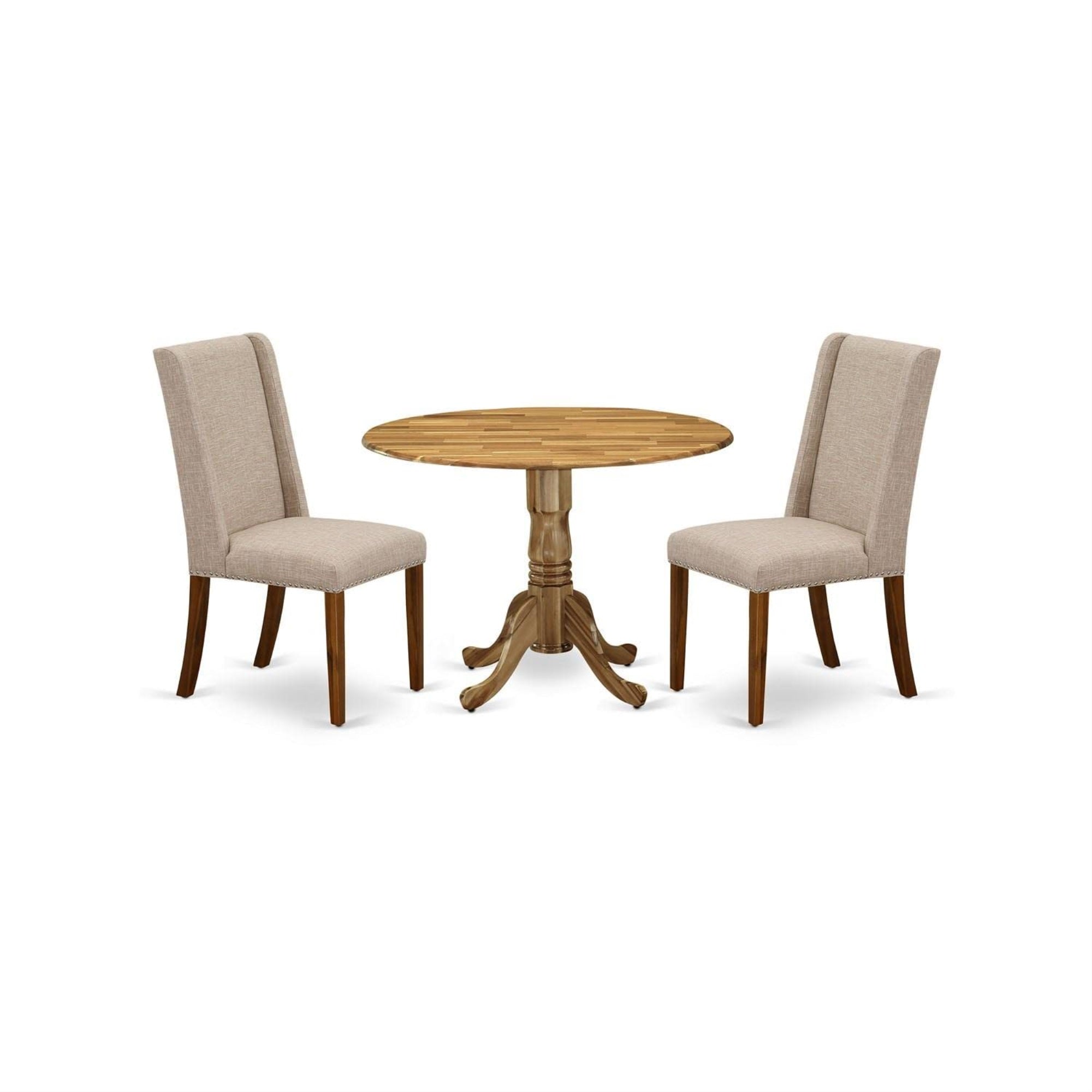Casafoyer Dublin 3 Piece Set Contains A Round Dining Room Table With Dropleaf And 2 Light Tan Linen Fabric Upholstered Chairs, 42X42 Inch, Natural