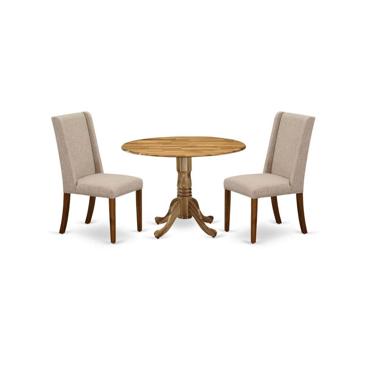 Casafoyer Dublin 3 Piece Set Contains A Round Dining Room Table With Dropleaf And 2 Light Tan Linen Fabric Upholstered Chairs, 42X42 Inch, Natural