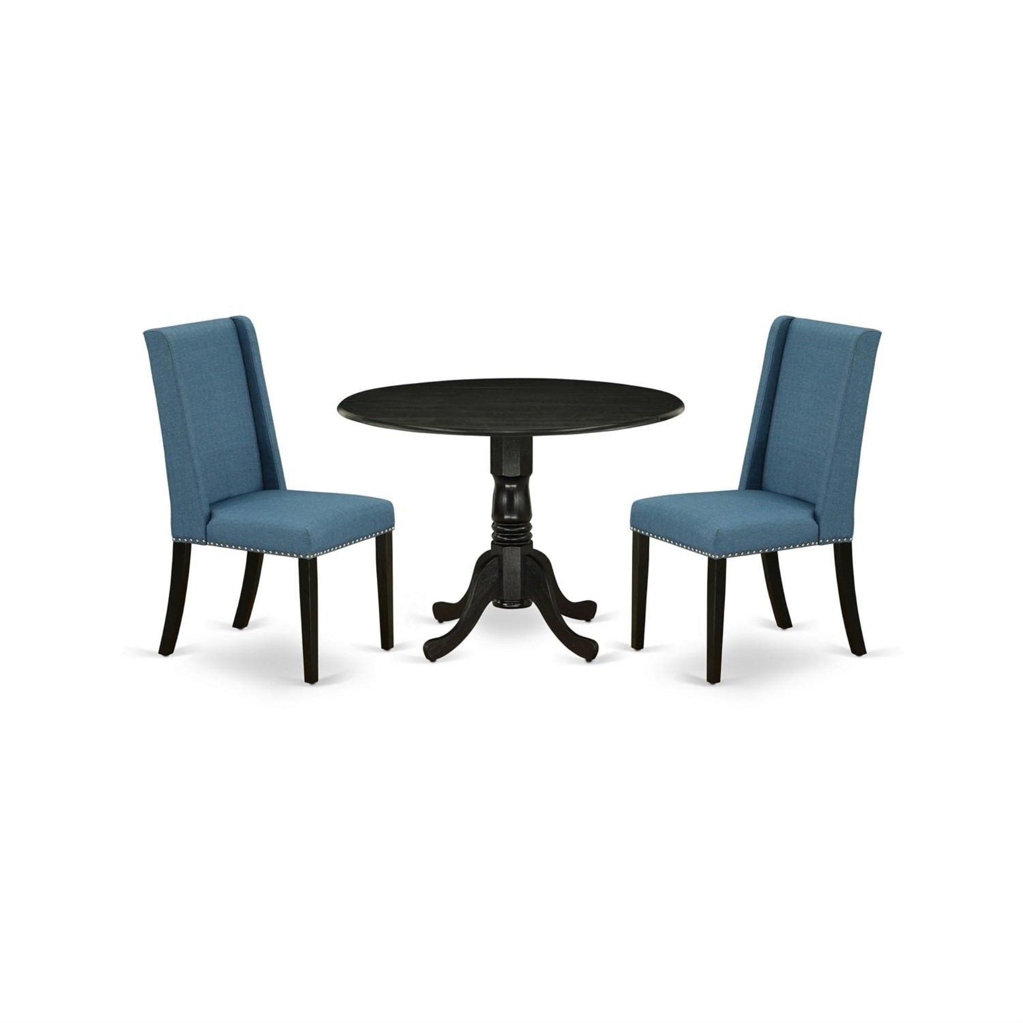 Casafoyer Dublin 3 Piece Kitchen Set Contains A Round Dining Room Table With Dropleaf And 2 Blue Linen Fabric Upholstered Chairs, 42X42 Inch, Black