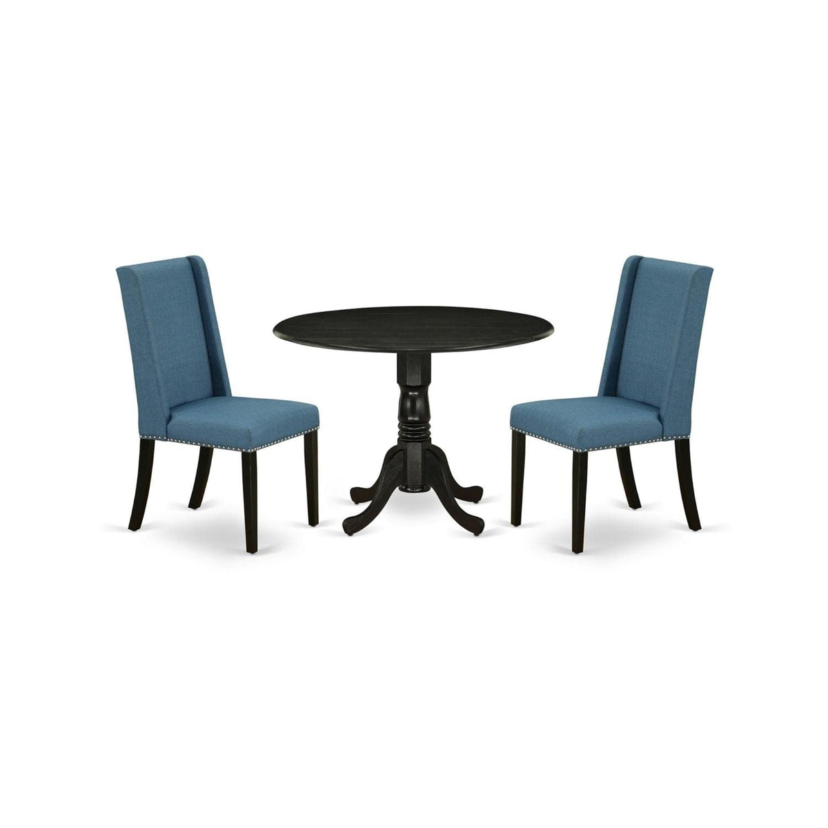Casafoyer Dublin 3 Piece Kitchen Set Contains A Round Dining Room Table With Dropleaf And 2 Blue Linen Fabric Upholstered Chairs, 42X42 Inch, Black