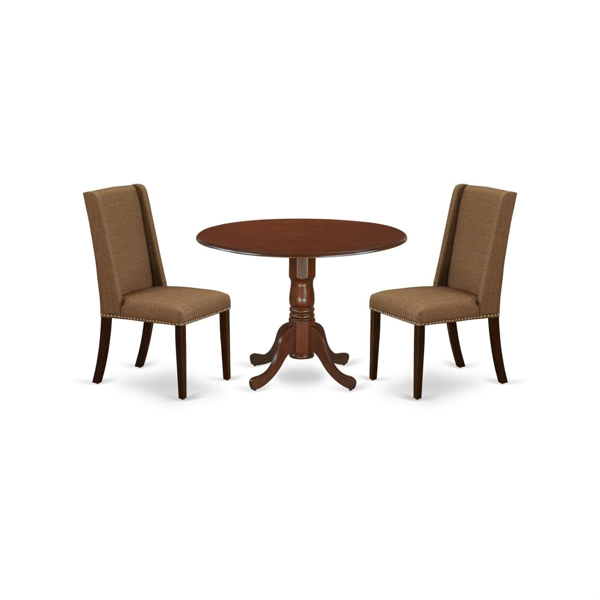 Casafoyer Dublin 3 Piece Set Contains A Round Dining Room Table With Dropleaf And 2 Brown Linen Fabric Upholstered Parson Chairs, 42X42 Inch, Mahogany