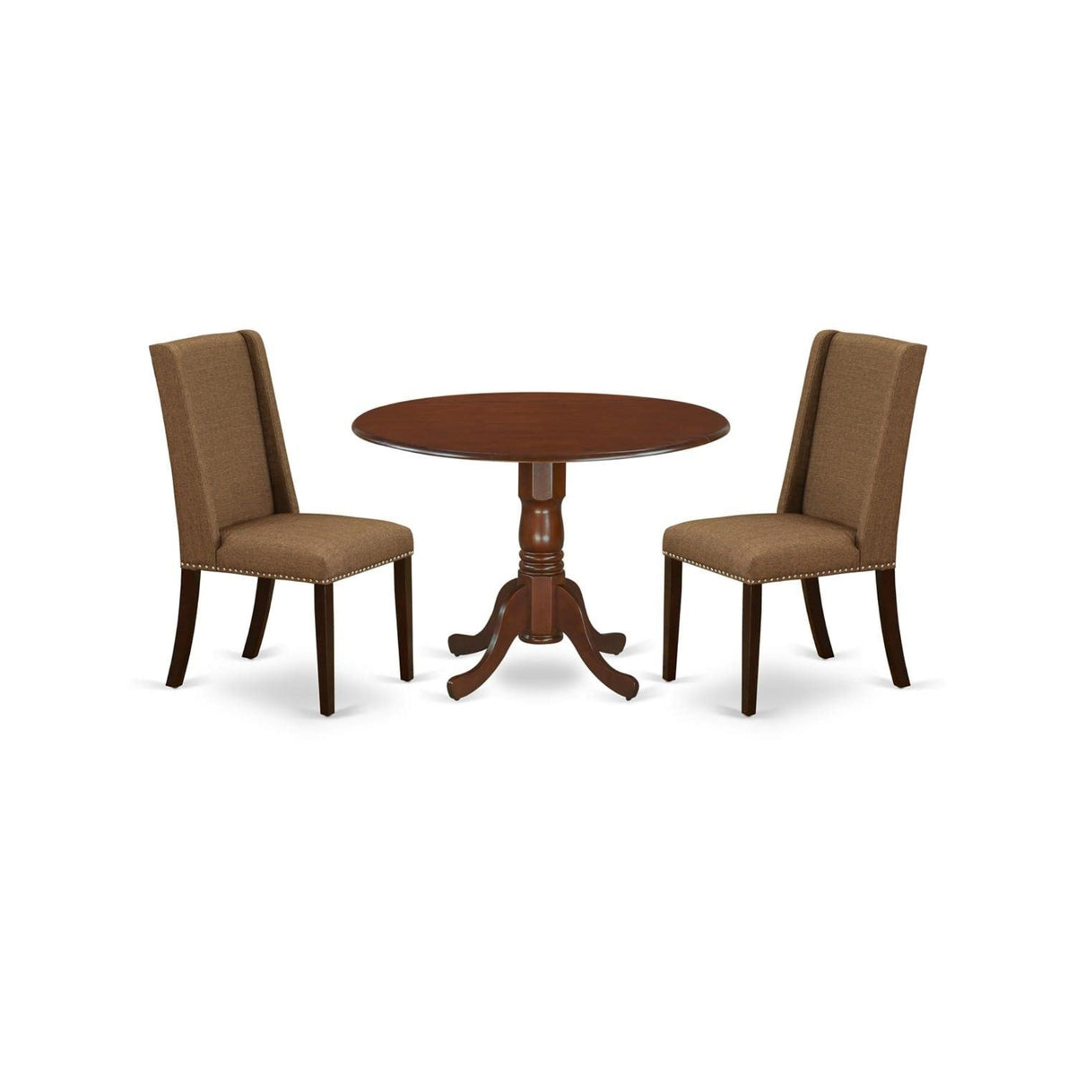 Casafoyer Dublin 3 Piece Set Contains A Round Dining Room Table With Dropleaf And 2 Brown Linen Fabric Upholstered Parson Chairs, 42X42 Inch, Mahogany