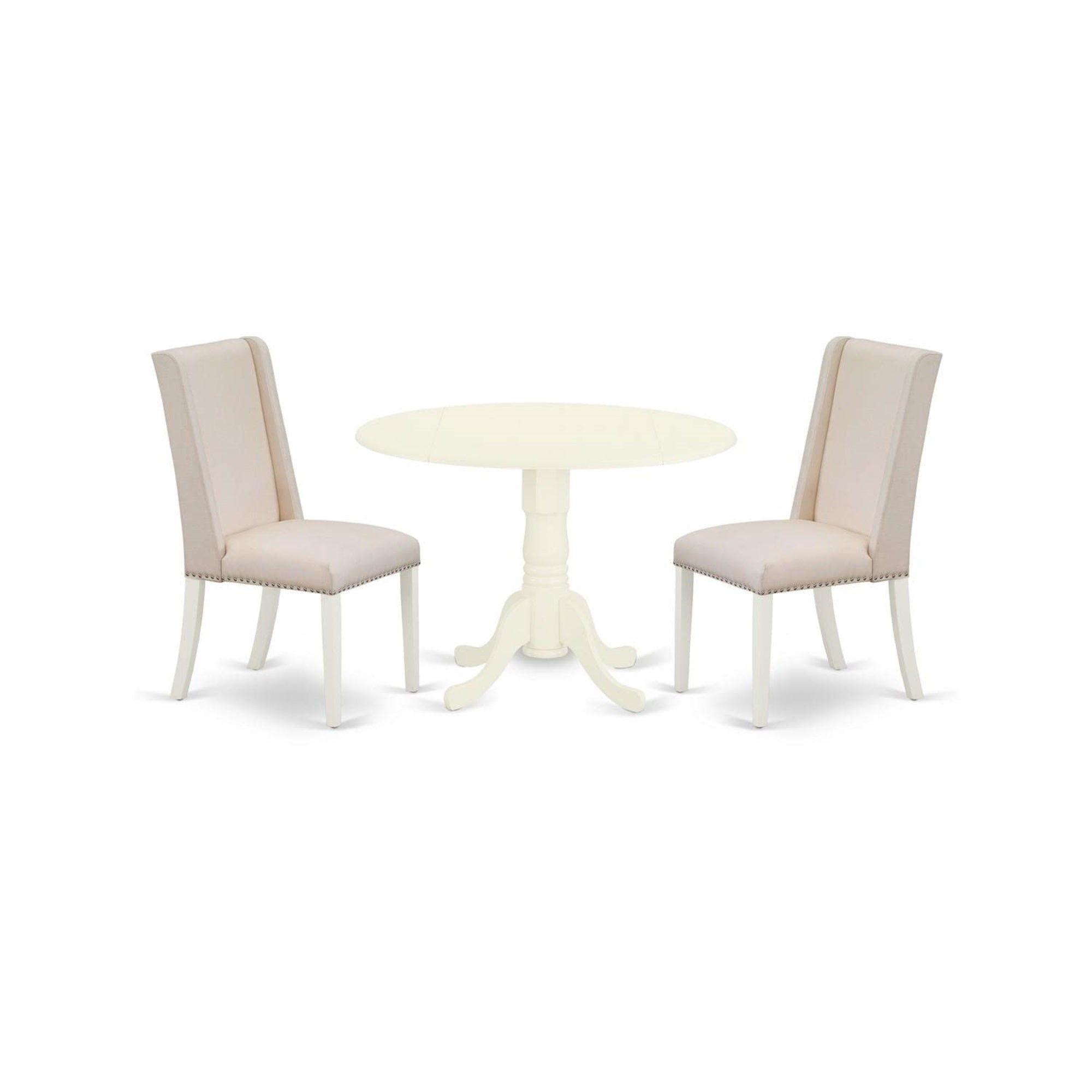 Casafoyer Dublin 3 Piece Kitchen Set Contains A Round Dining Room Table With Dropleaf And 2 Cream Fabric Upholstered Chairs, 42X42 Inch, Linen White