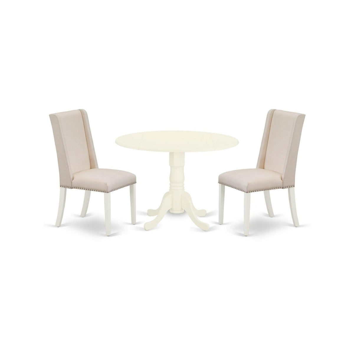 Casafoyer Dublin 3 Piece Kitchen Set Contains A Round Dining Room Table With Dropleaf And 2 Cream Fabric Upholstered Chairs, 42X42 Inch, Linen White