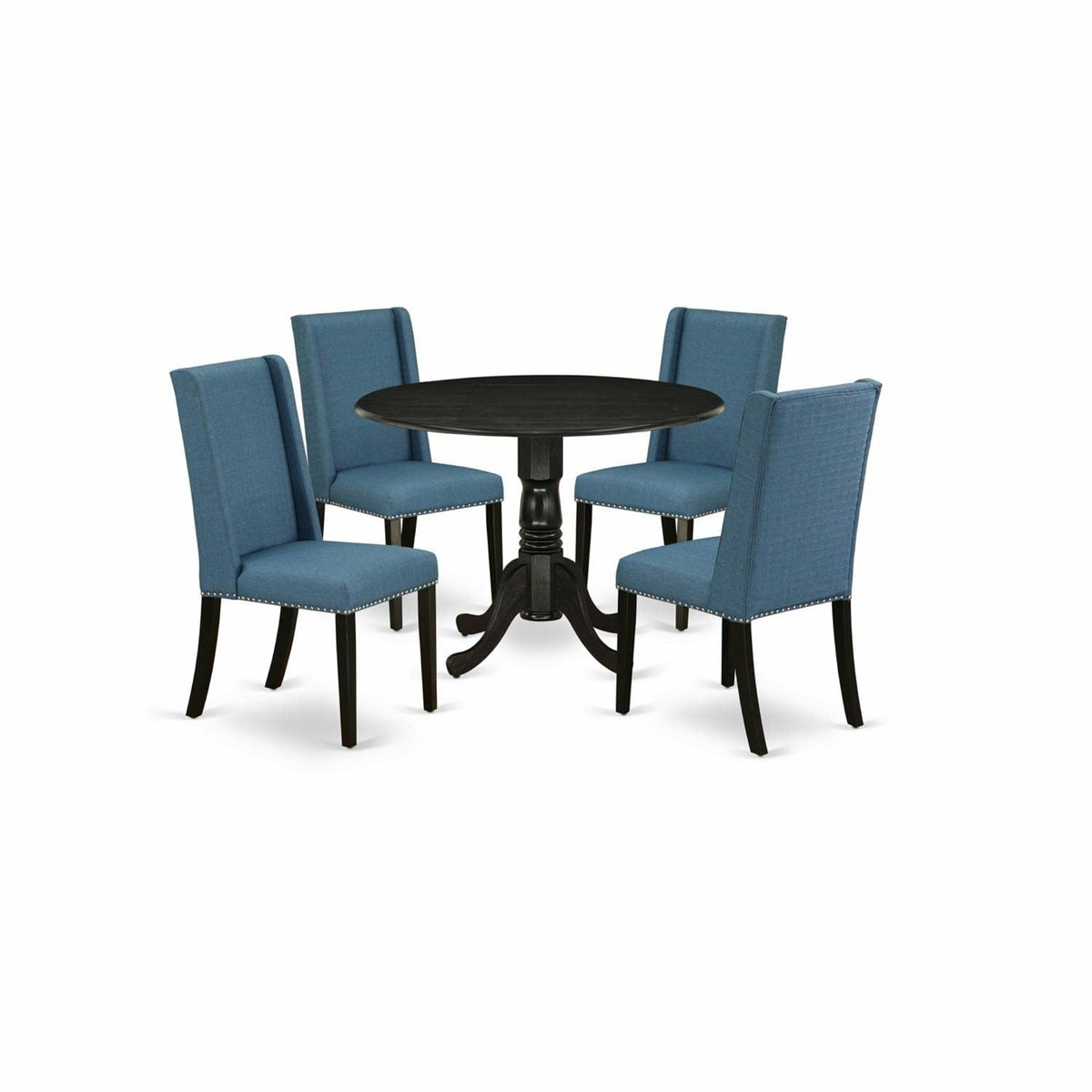 Casafoyer Dublin 5 Piece Room Set Includes A Round Dining Table With Dropleaf And 4 Blue Linen Fabric Upholstered Parson Chairs, 42X42 Inch, Wirebrushed Black