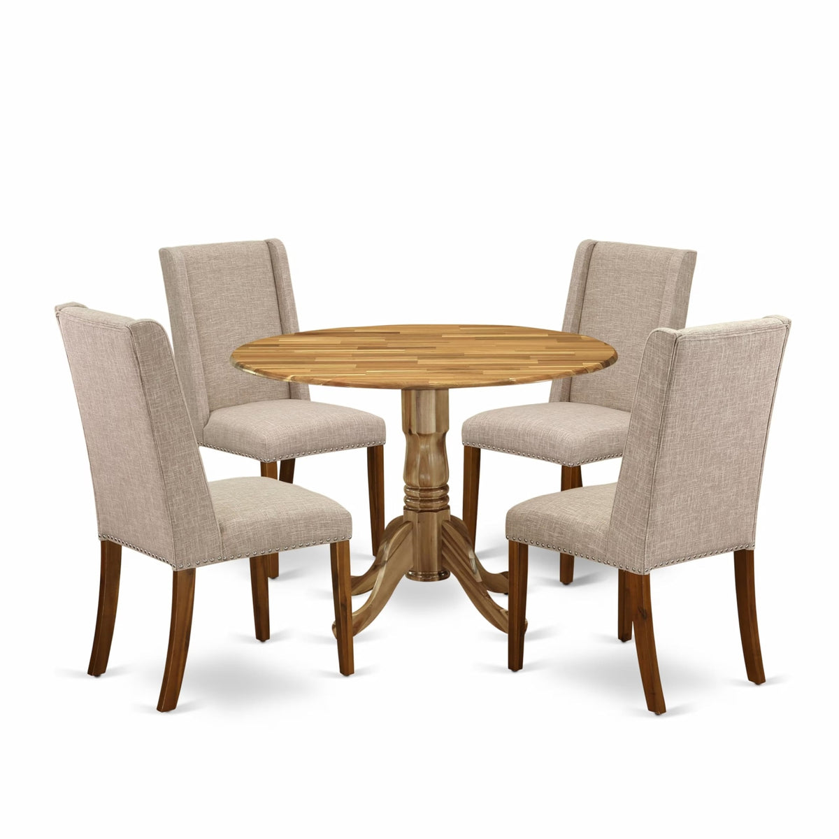Casafoyer Dublin 5 Piece Room Furniture Set Includes A Round Dining Table With Dropleaf And 4 Light Tan Linen Fabric Parsons Chairs, 42X42 Inch, Natural