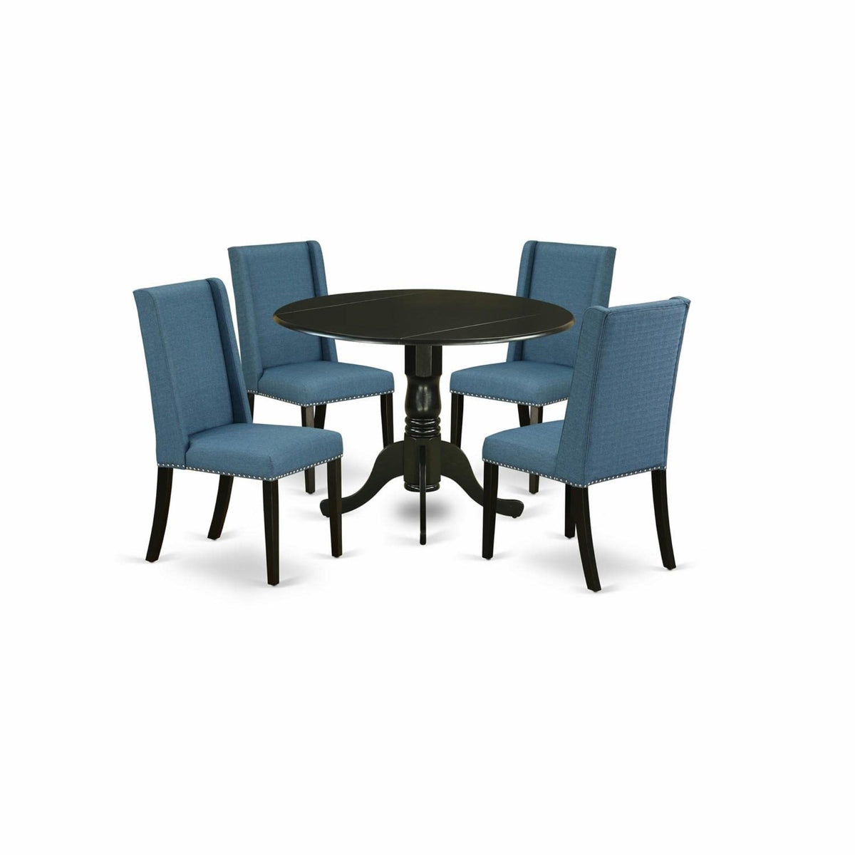Casafoyer Dublin 5 Piece Kitchen Set For 4 Includes A Round Table With Dropleaf And 4 Blue Linen Fabric Parson Dining Room Chairs, 42X42 Inch, Black