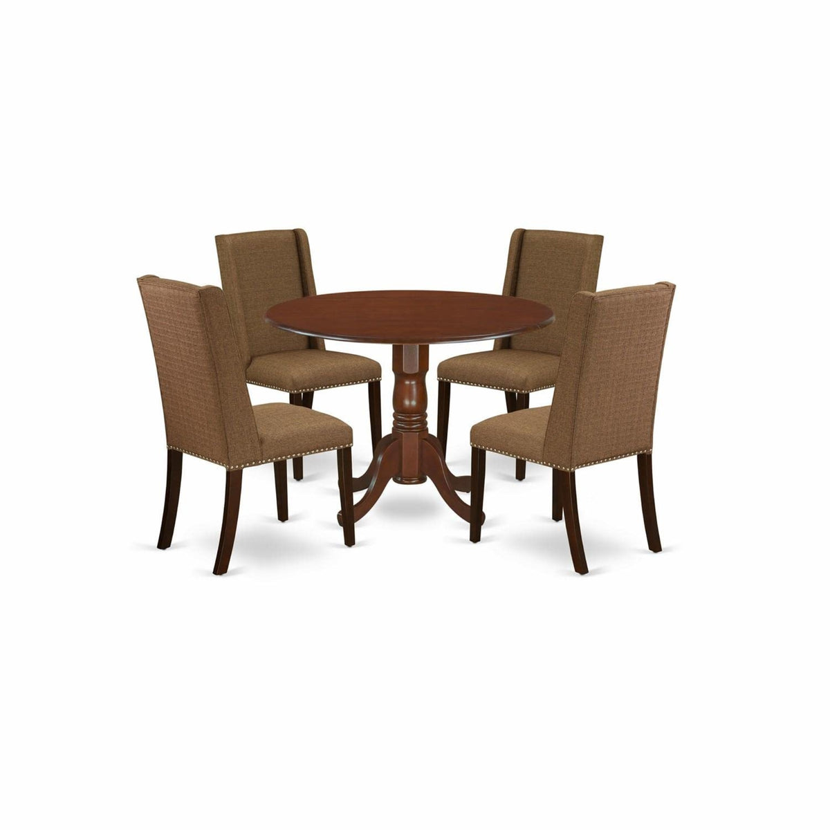 Casafoyer Dublin 5 Piece Kitchen Set For 4 Includes A Round Room Table With Dropleaf And 4 Brown Linen Fabric Parson Dining Chairs, 42X42 Inch, Mahogany
