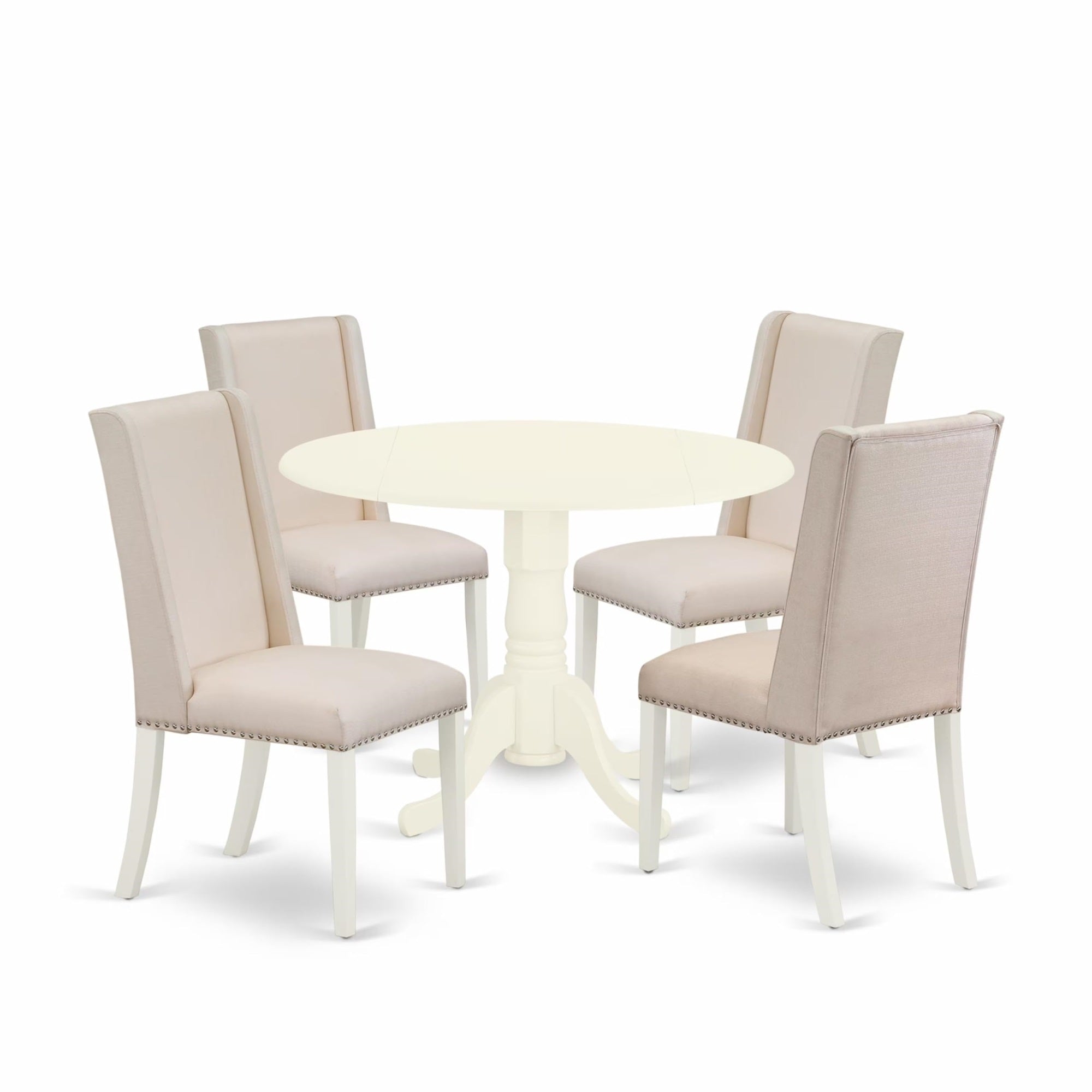 Casafoyer Dublin 5 Piece Modern Set Includes A Round Wooden Table With Dropleaf And 4 Cream Fabric Parson Dining Room Chairs, 42X42 Inch, Linen White