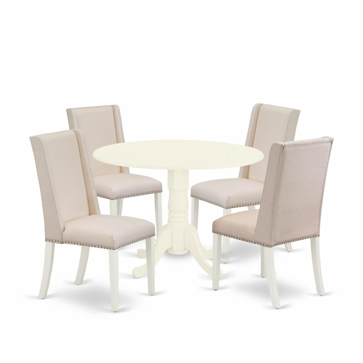 Casafoyer Dublin 5 Piece Modern Set Includes A Round Wooden Table With Dropleaf And 4 Cream Fabric Parson Dining Room Chairs, 42X42 Inch, Linen White