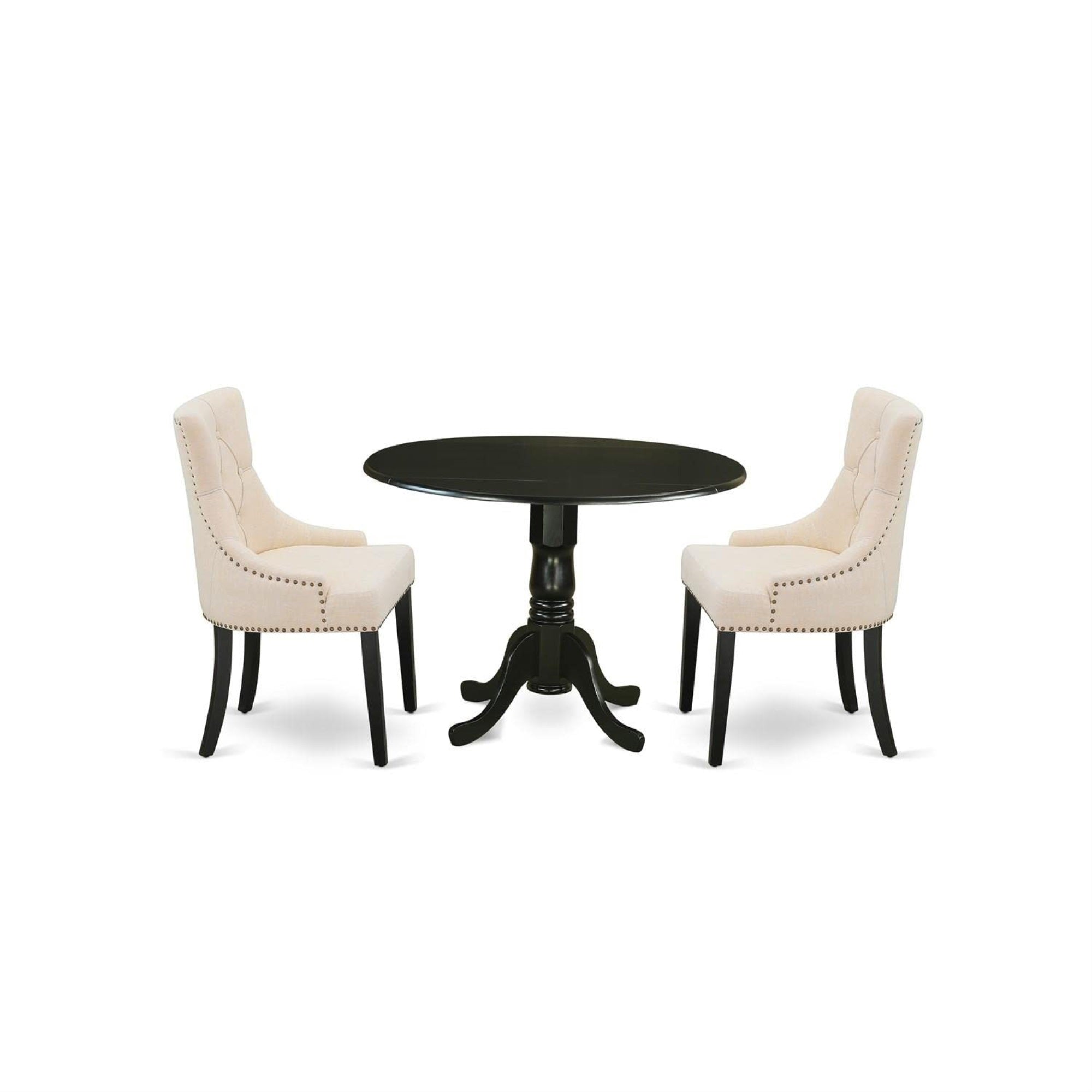 Casafoyer Dlfr3-Blk-02 Modern Dinette Set - 2 Dining Chairs With Light Beige Linen Fabric Seat And Button Tufted Back - Solid Wood Drop Leaves Pedestal Dining Table (Black Finish)