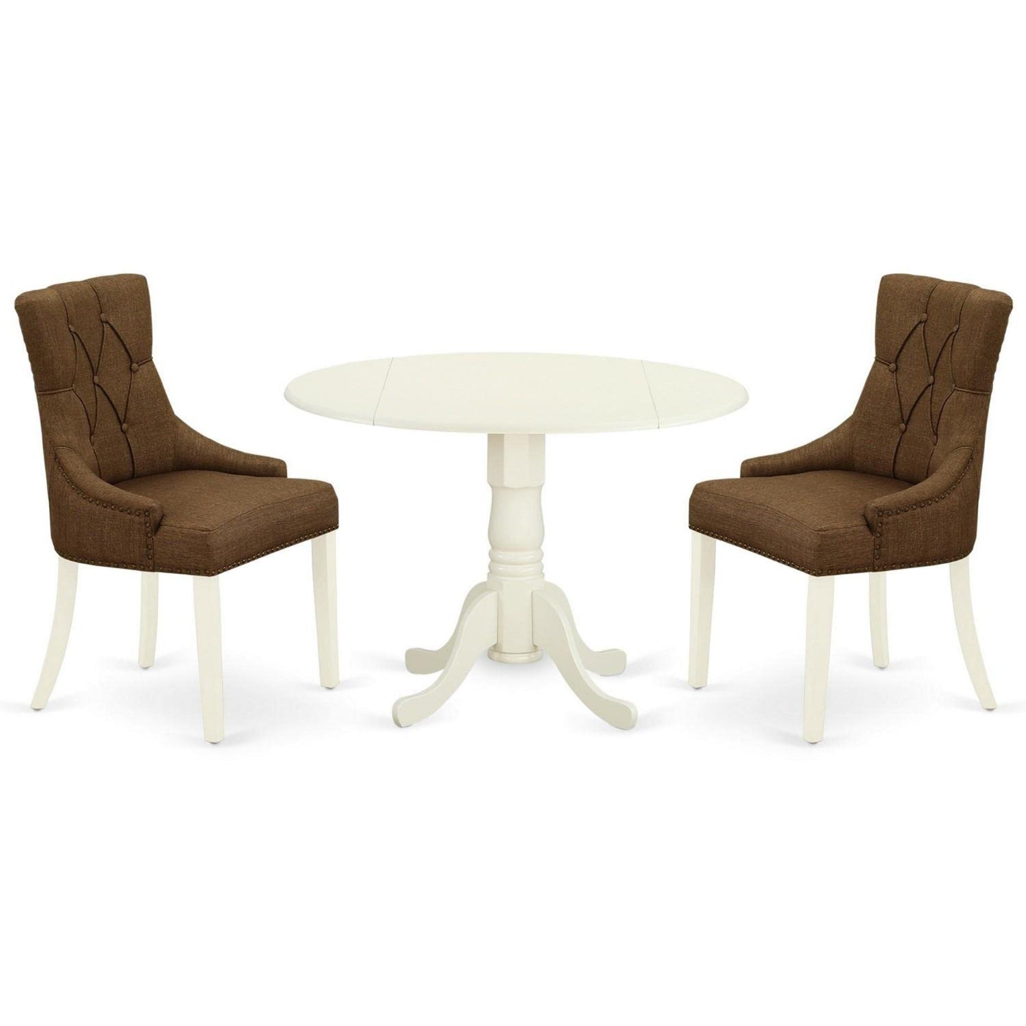Casafoyer Dlfr3-Whi-18 3 Piece Dining Room Furniture Set Contains A Round Dining Table With Dropleaf And 2 Brown Linen Linen Fabric Upholstered Chairs, 42X42 Inch, Linen White