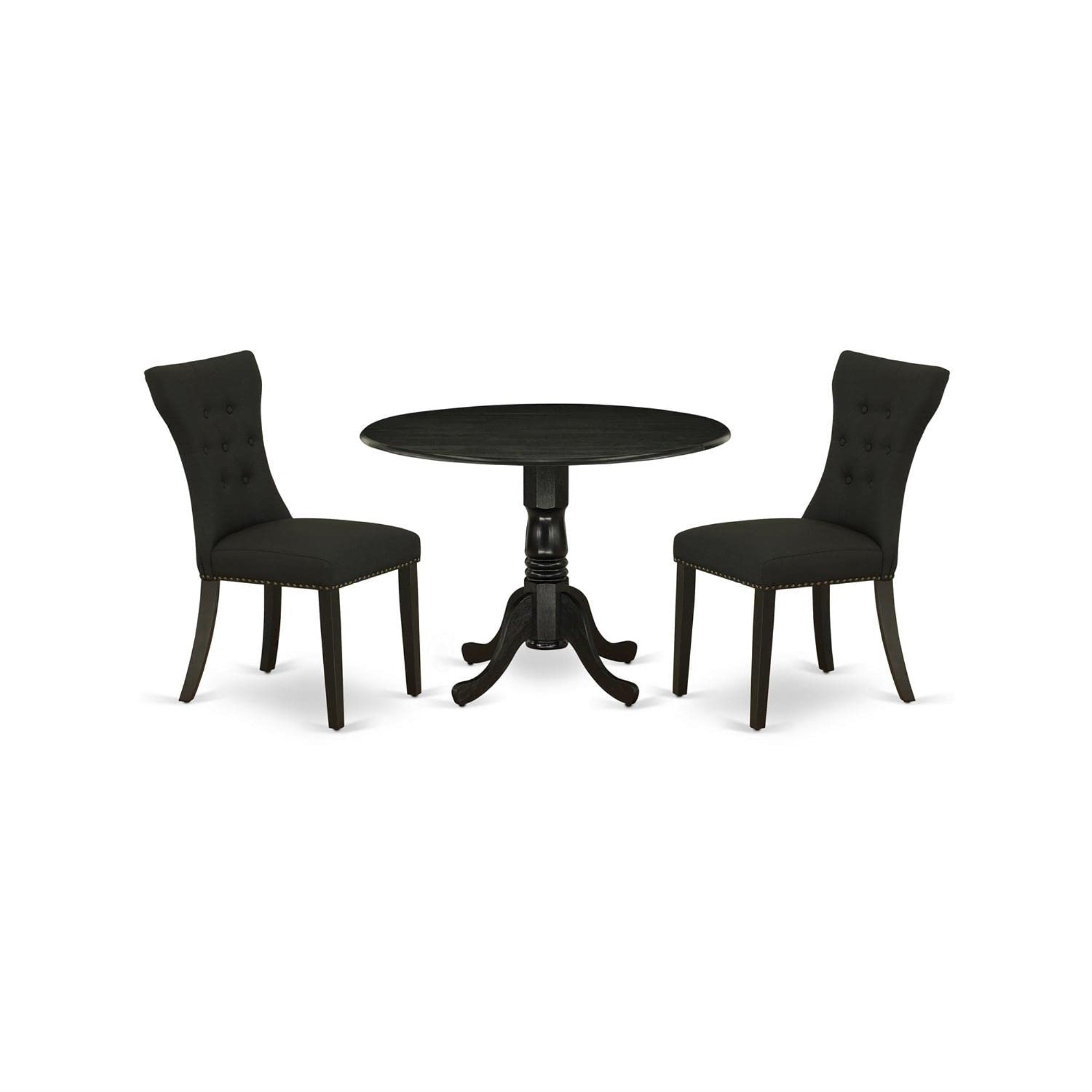 Casafoyer Dlga3-Abk-24 3 Piece Dinette Set For Small Spaces Contains A Round Dining Table With Dropleaf And 2 Black Linen Fabric Upholstered Chairs, 42X42 Inch, Wirebrushed Black