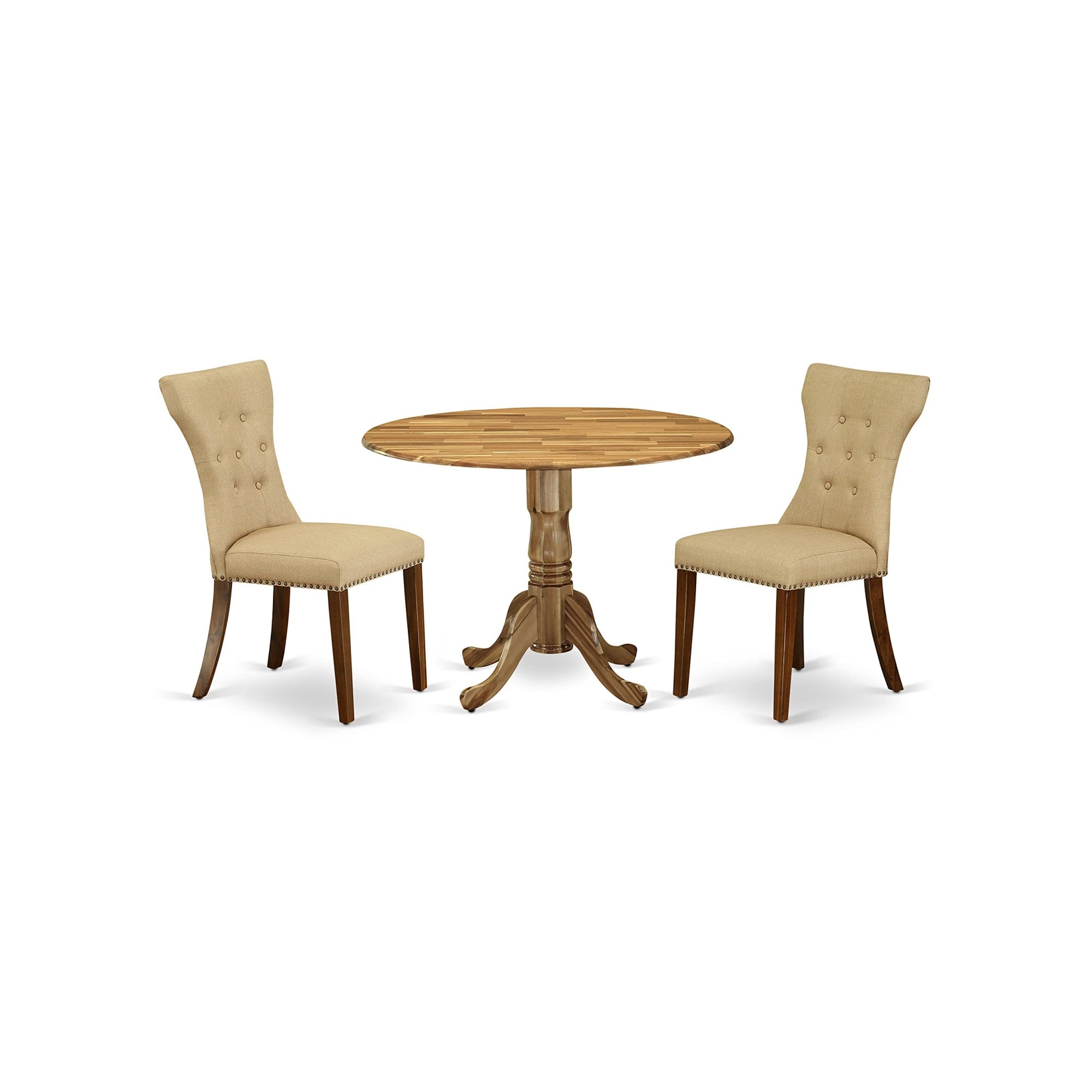 East West Furniture Dublin 3 Piece Kitchen Set For Small Spaces Contains A Round Dining Room Table With Dropleaf And 2 Brown Linen Fabric Padded Chairs, 42X42 Inch, Dlga3-Ana-03