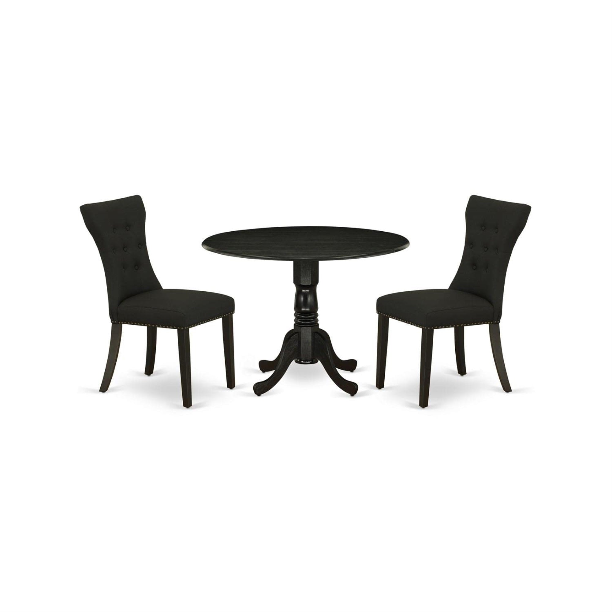 Casafoyer Dlga3-Blk-24 3 Piece Kitchen Table & Chairs Set Contains A Round Dining Room Table With Dropleaf And 2 Black Linen Fabric Parsons Dining Chairs, 42X42 Inch, Black