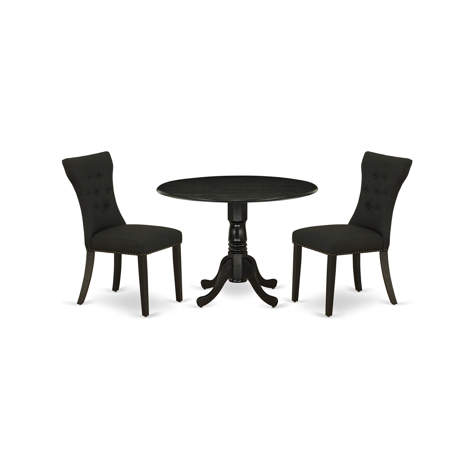 East West Furniture Dlga3-Blk-24 3 Piece Kitchen Table & Chairs Set Contains A Round Dining Room Table With Dropleaf And 2 Black Linen Fabric Parsons Dining Chairs, 42X42 Inch, Black