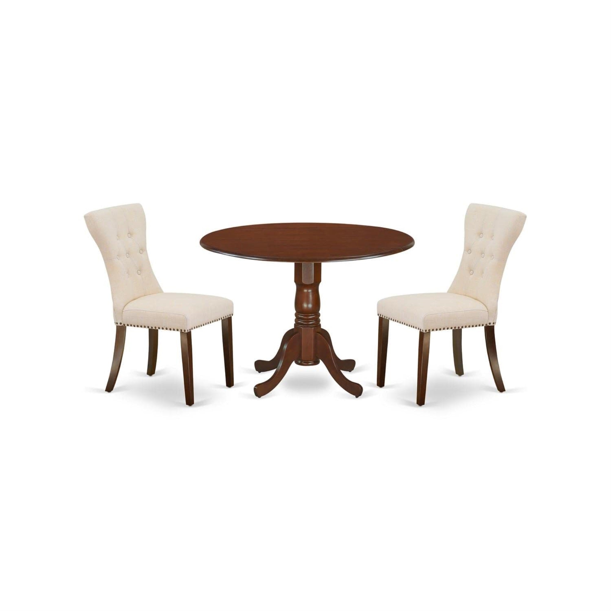 Casafoyer Dlga3-Mah-32 3 Piece Modern Dining Table Set Contains A Round Wooden Table With Dropleaf And 2 Light Beige Linen Fabric Parsons Dining Chairs, 42X42 Inch, Mahogany