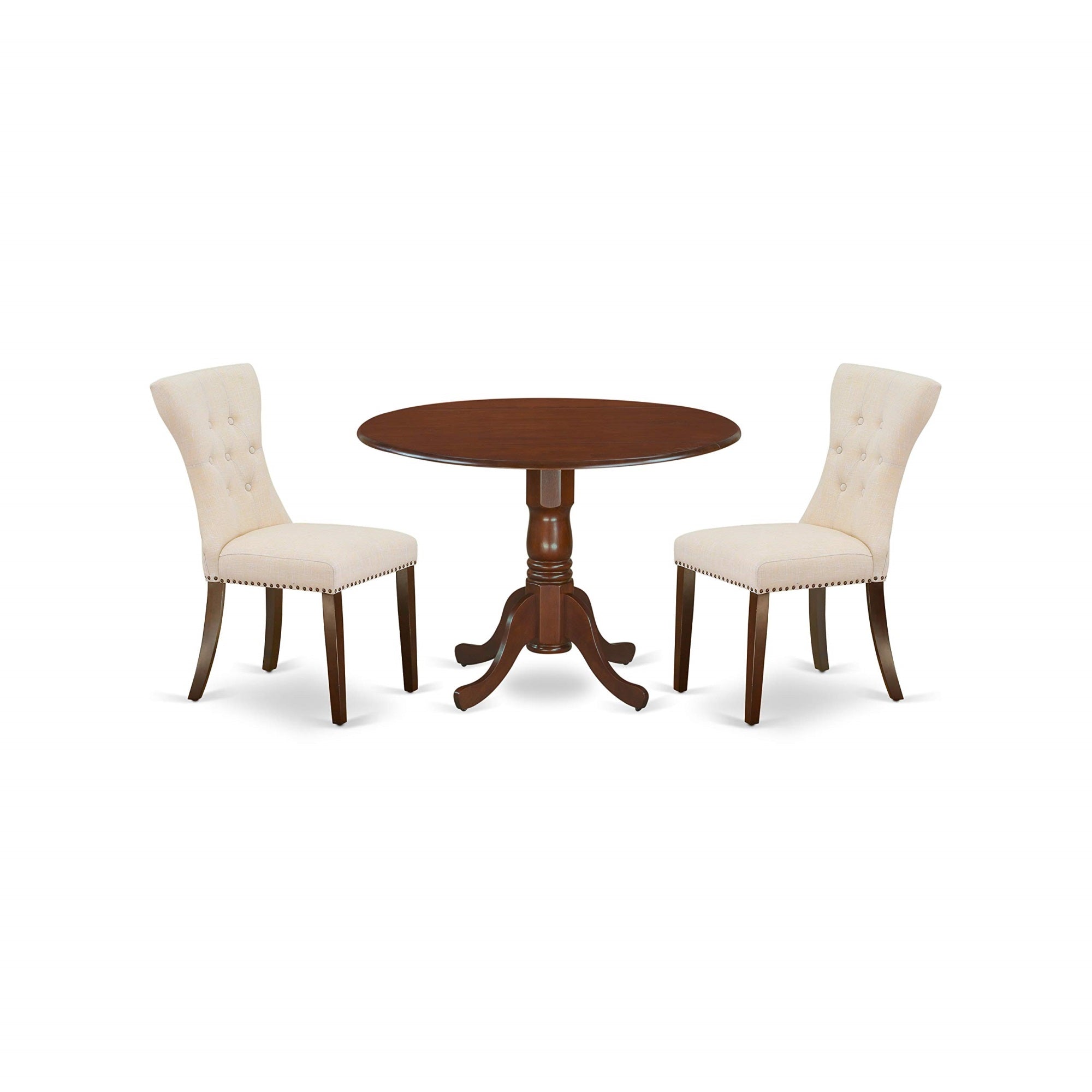 East West Furniture Dublin 3 Piece Modern Set Contains A Round Wooden Table With Dropleaf And 2 Light Beige Linen Fabric Parsons Dining Chairs, 42X42 Inch, Dlga3-Mah-32