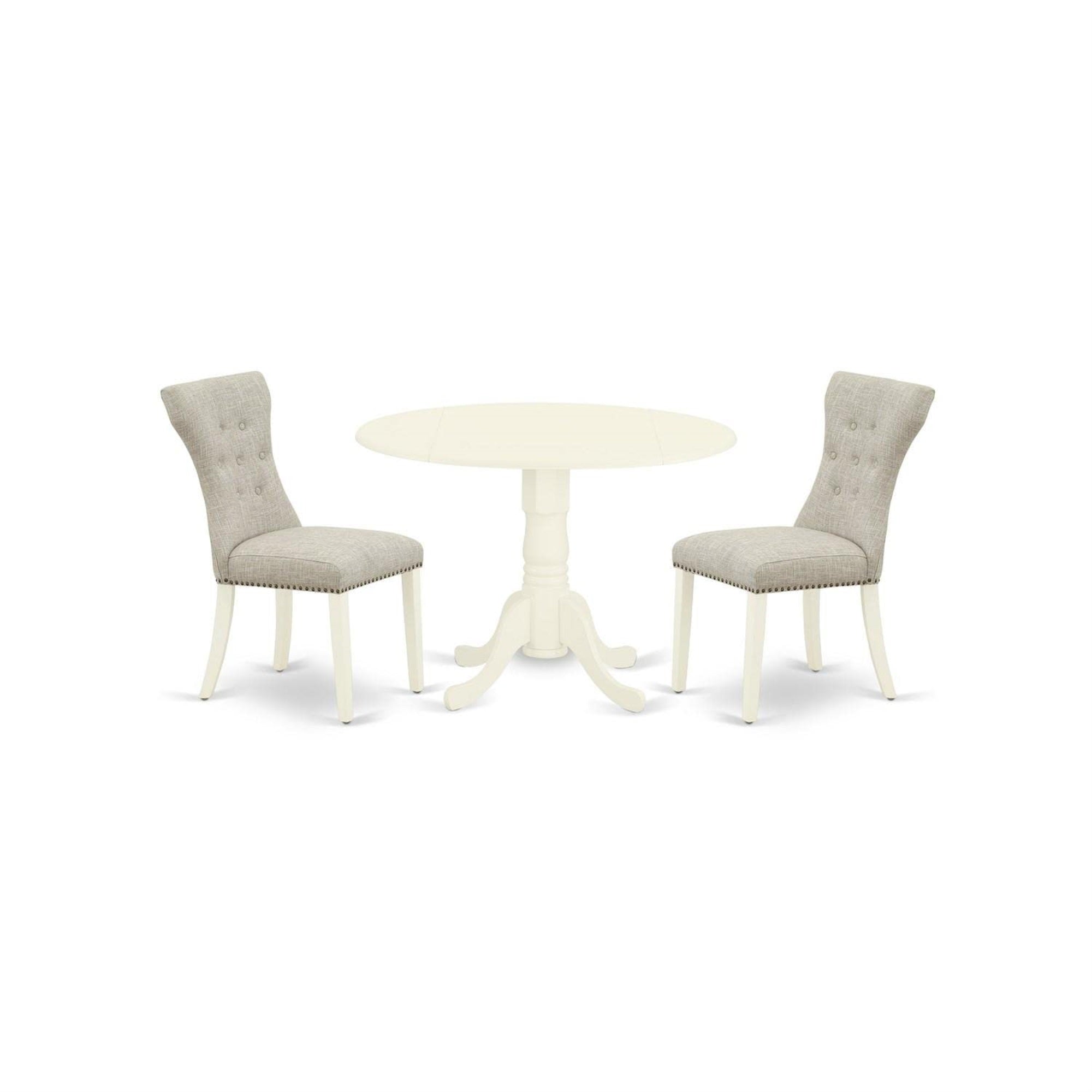 Casafoyer Dlga3-Whi-35 3 Piece Dining Room Furniture Set Contains A Round Dining Table With Dropleaf And 2 Doeskin Linen Fabric Upholstered Parson Chairs, 42X42 Inch, Linen White