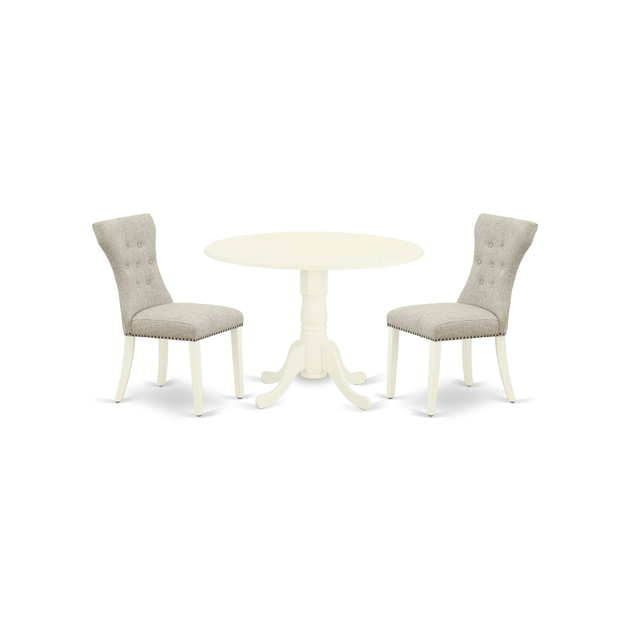 East West Furniture Dublin 3 Piece Room Furniture Set Contains A Round Dining Table With Dropleaf And 2 Doeskin Linen Fabric Upholstered Parson Chairs, 42X42 Inch, Dlga3-Whi-35