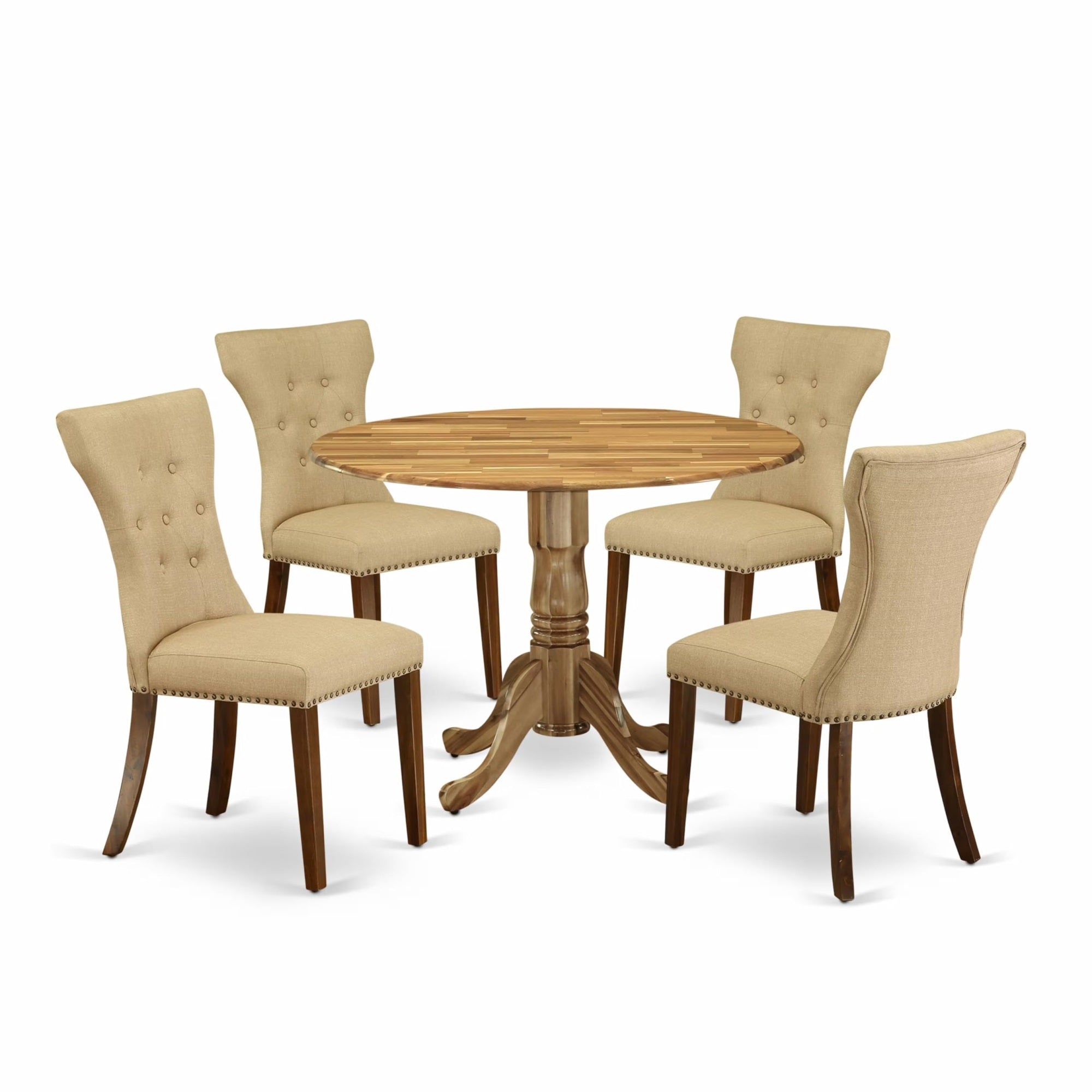 Casafoyer Dlga5-Ana-03 5 Piece Kitchen Table & Chairs Set Includes A Round Dining Table With Dropleaf And 4 Brown Linen Fabric Parson Dining Chairs, 42X42 Inch, Natural