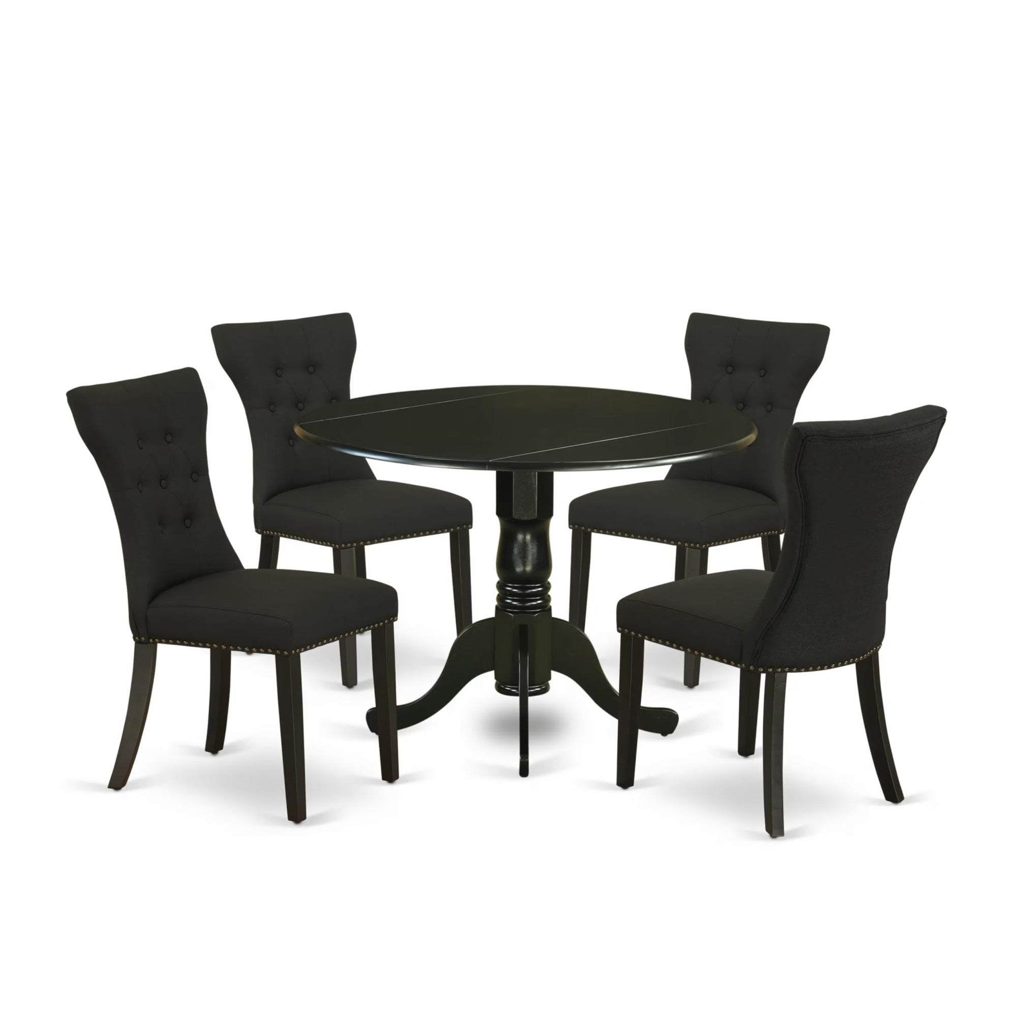Casafoyer Dlga5-Blk-24 5 Piece Kitchen Table Set For 4 Includes A Round Dining Room Table With Dropleaf And 4 Black Linen Fabric Upholstered Chairs, 42X42 Inch, Black