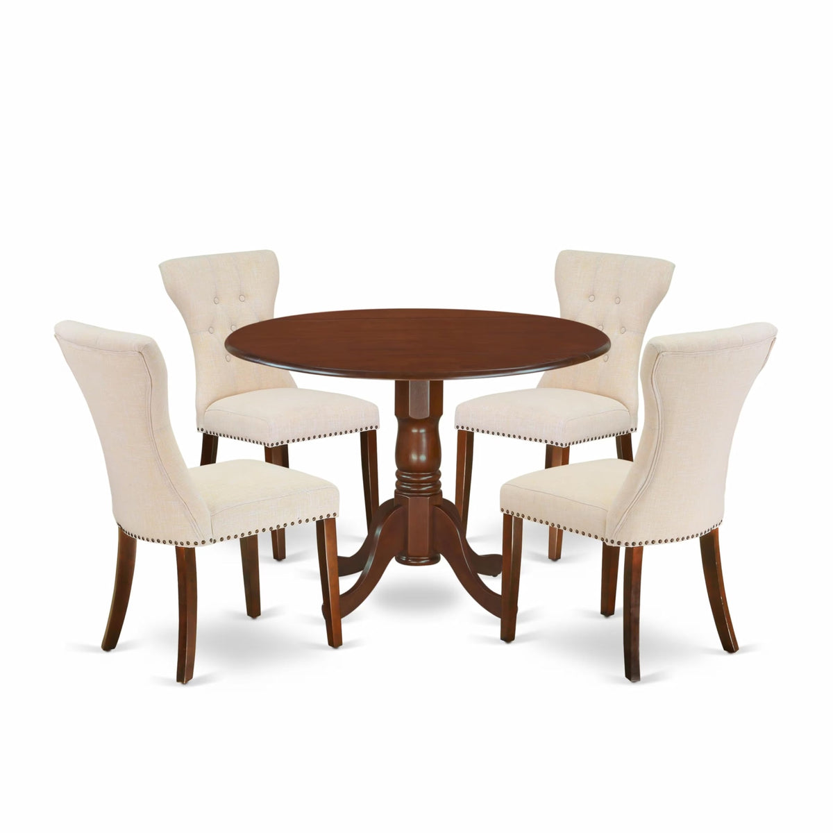 Casafoyer Dublin 5 Piece Room Set Includes A Round Dining Table With Dropleaf And 4 Light Beige Linen Fabric Upholstered Chairs, 42X42 Inch, Dlga5-Mah-32