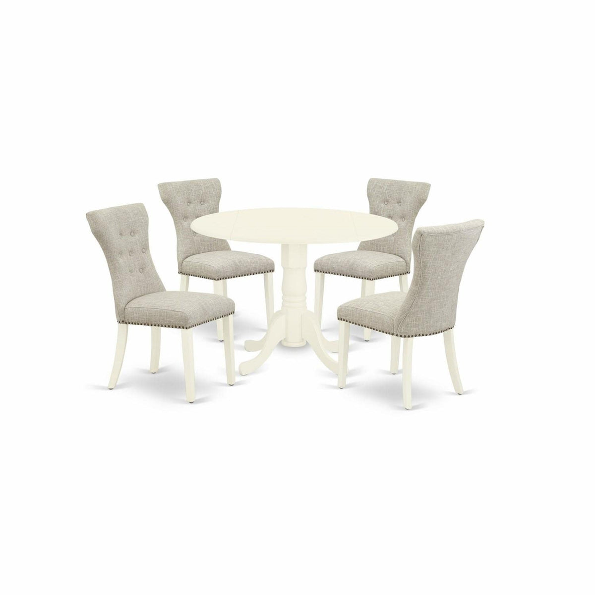 Casafoyer Dublin 5 Piece Set For 4 Includes A Round Kitchen Table With Dropleaf And 4 Doeskin Linen Fabric Parson Dining Room Chairs, 42X42 Inch, Dlga5-Whi-35