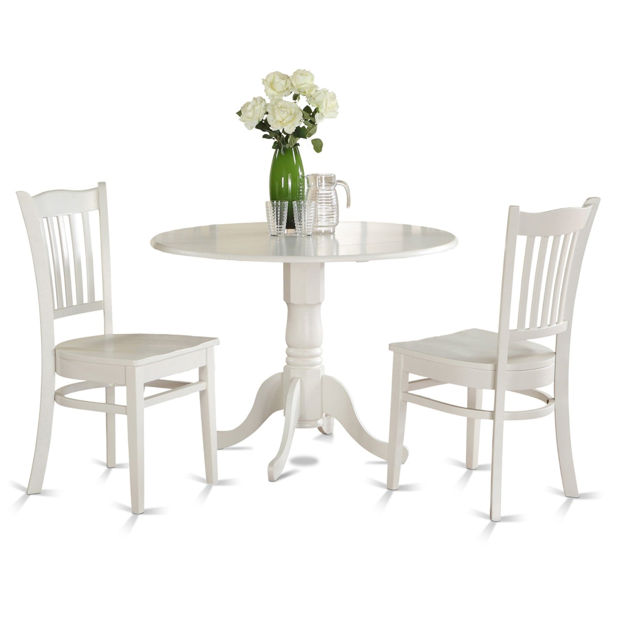 East West Furniture Dlgr3-Whi-W 3 Piece Dining Table Set For Small Spaces Contains A Round Dining Room Table With Dropleaf And 2 Wood Seat Chairs, 42X42 Inch, Linen White