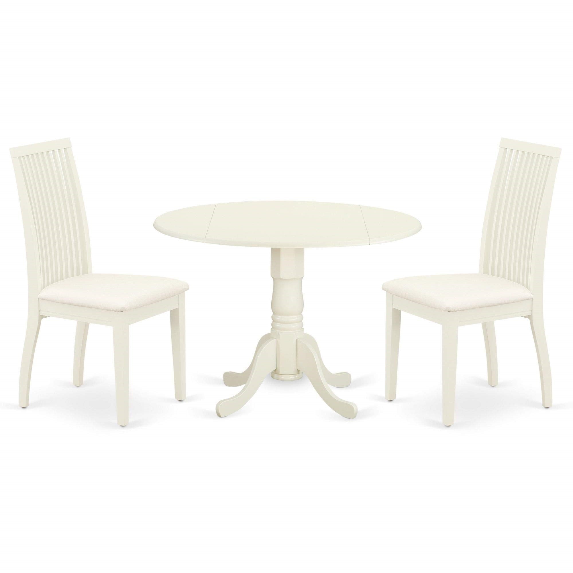 Casafoyer Dlip3-Whi-C 3 Piece Kitchen Table Set For Small Spaces Contains A Round Dining Table With Dropleaf And 2 Linen Fabric Dining Room Chairs, 42X42 Inch, Linen White