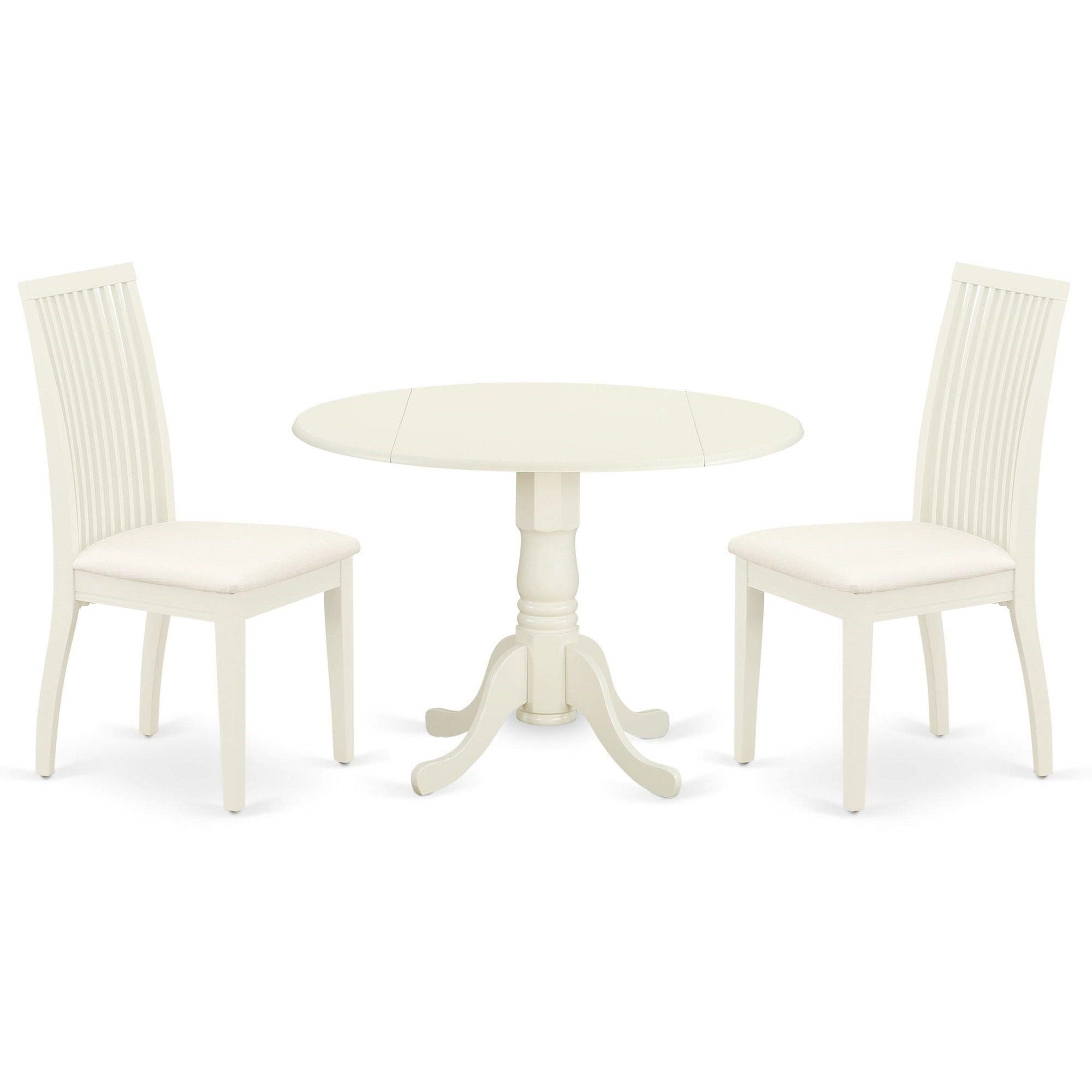 East West Furniture Dublin 3 Piece Kitchen Set For Small Spaces Contains A Round Table With Dropleaf And 2 Fabric Dining Room Chairs, 42X42 Inch, Linen White