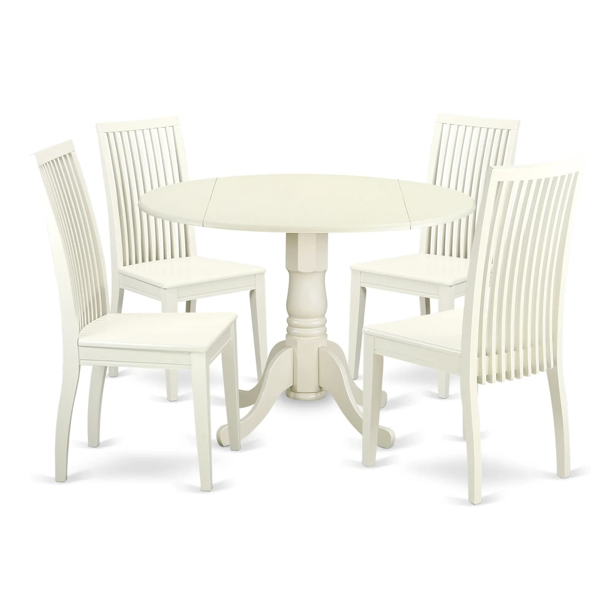 Dlip5-Lwh-W 5-Piece Beautiful Dining Set, Ergode, Pedestal Table, 4 Wooden Chairs, Linen White Finish, Rubberwood, Easy Assembly, Low Maintenance, 42X42 Inch