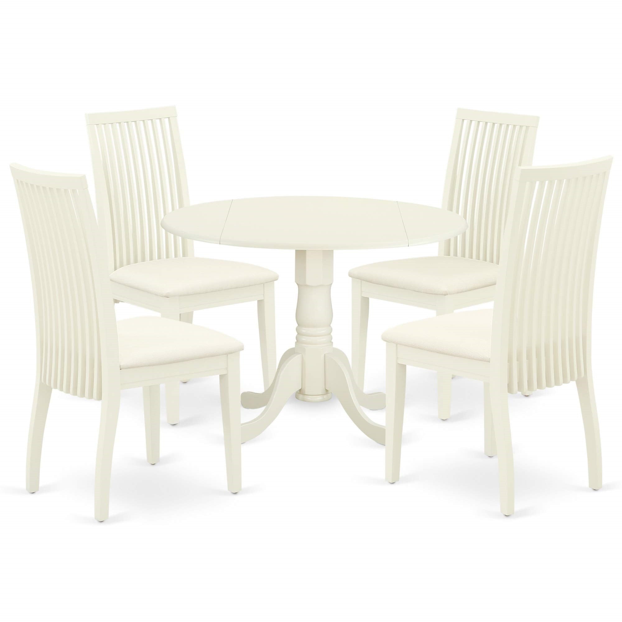 Dlip5-Whi-C 5-Piece Dining Set, Pedestal Table & 4 Kitchen Chairs, Linen Fabric Seat, Slatted Back, Sturdy Wooden Legs, Linen White Finish, High-Quality Rubberwood, Easy Assembly, Perfect Addition To Any Home