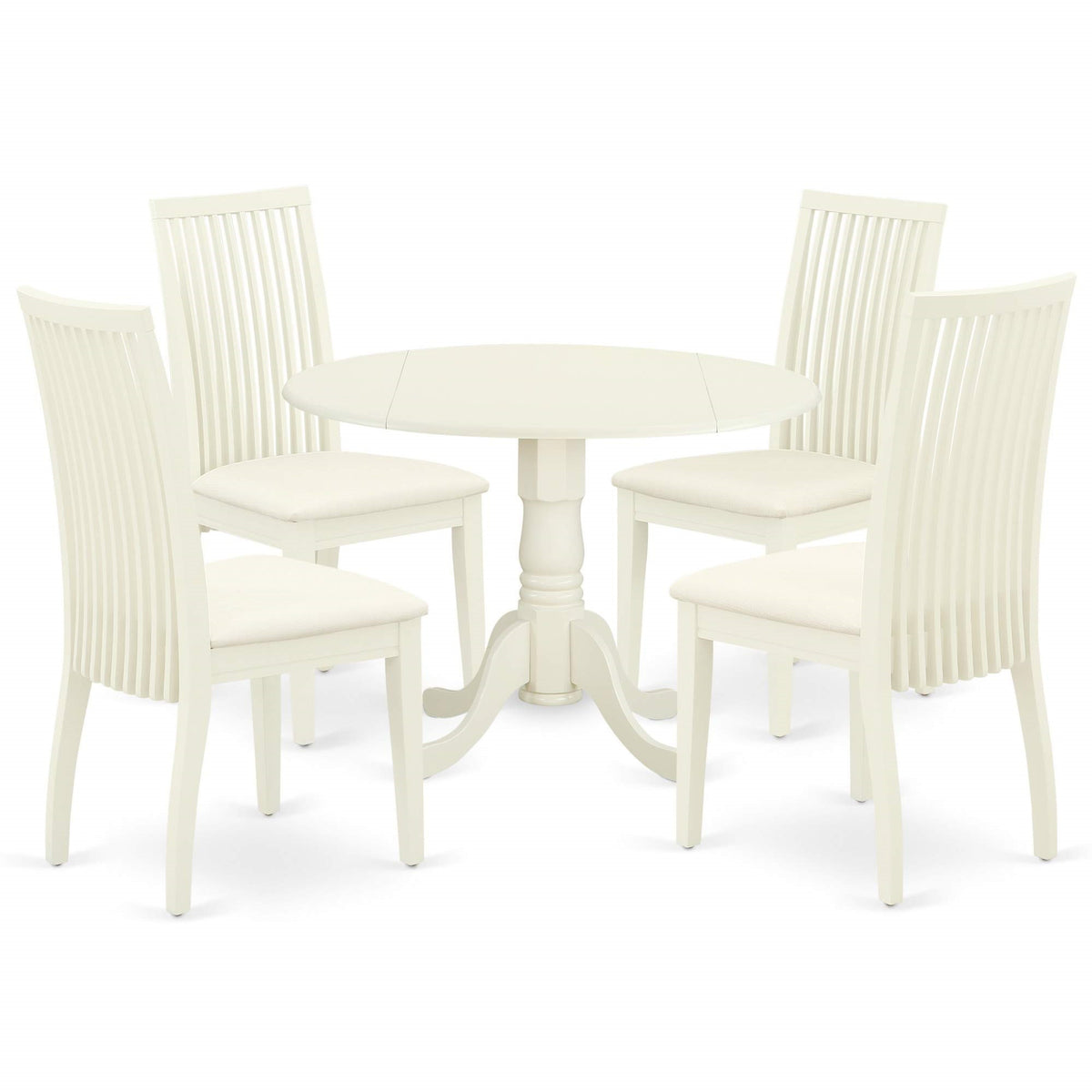 Dlip5-Whi-C 5-Piece Dining Set, Pedestal Table & 4 Kitchen Chairs, Linen Fabric Seat, Slatted Back, Sturdy Wooden Legs, Linen White Finish, High-Quality Rubberwood, Easy Assembly, Perfect Addition To Any Home