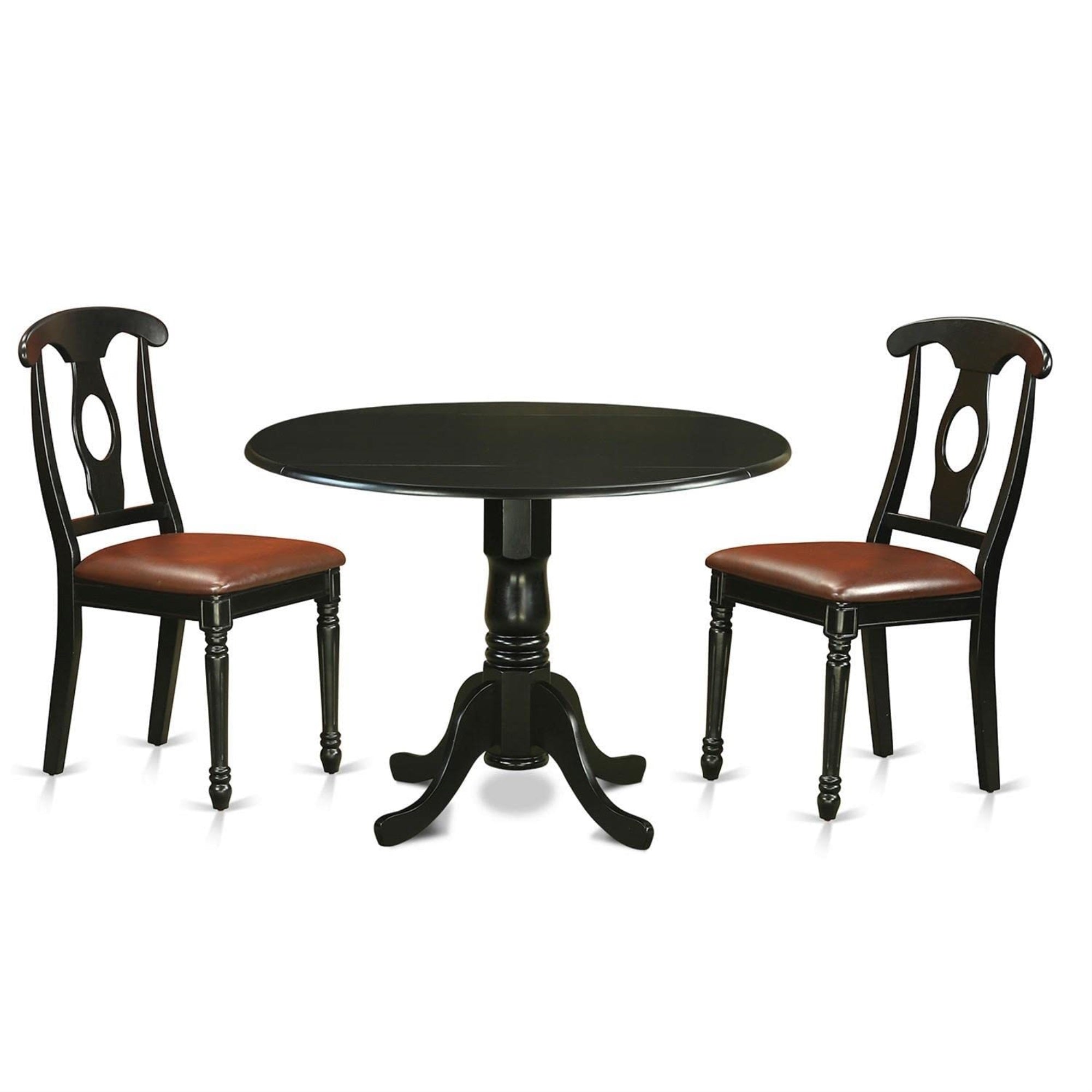 Casafoyer Dlke3-Blk-Lc 3 Piece Kitchen Table & Chairs Set Contains A Round Dining Table With Dropleaf And 2 Faux Leather Dining Room Chairs, 42X42 Inch, Black