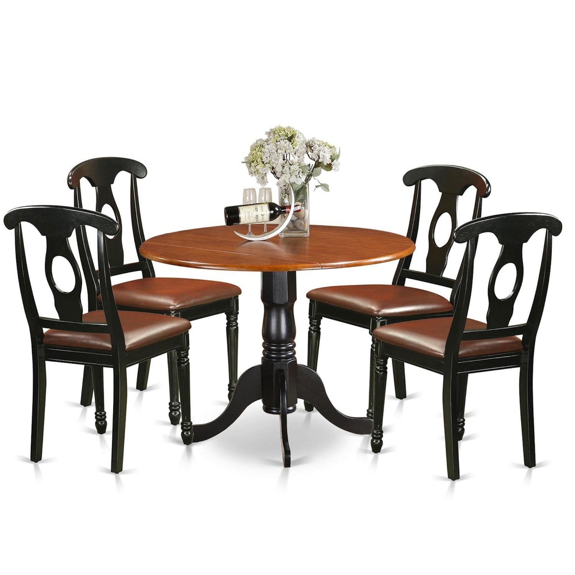 Casafoyer Dlke5-Bch-Lc 5 Piece Dining Table Set For 4 Includes A Round Kitchen Table With Dropleaf And 4 Faux Leather Upholstered Dinette Chairs, 42X42 Inch, Black & Cherry