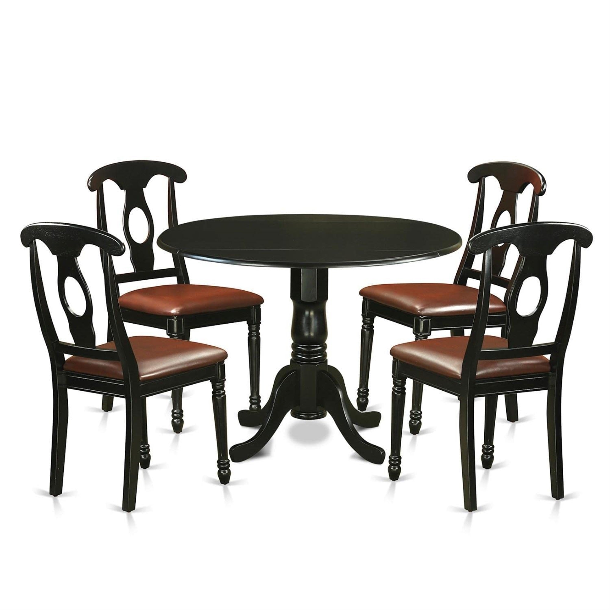 Casafoyer Dlke5-Blk-Lc 5 Piece Dinette Set For 4 Includes A Round Dining Table With Dropleaf And 4 Faux Leather Dining Room Chairs, 42X42 Inch, Black