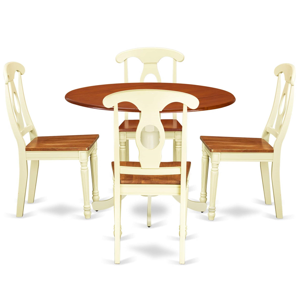 Ergode Dlke5-Bmk-W, 5 Piece Dining Table Set, Round Kitchen Table With Dropleaf, 4 Dining Chairs, Buttermilk And Cherry, Asian Wood Frame, Napoleon Back, Wood Seat, 42X42 Inch
