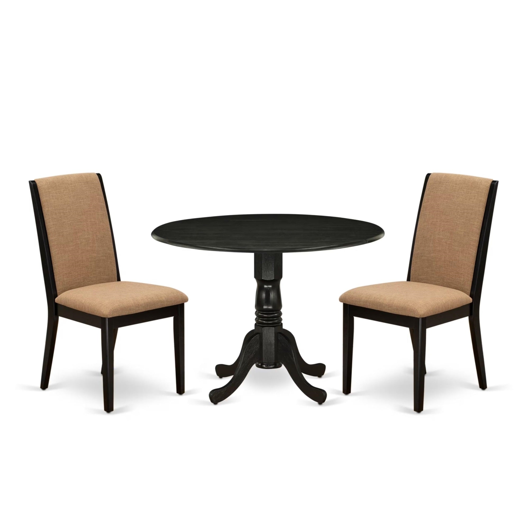 Casafoyer Dlla3-Abk-47 3 Piece Dining Room Table Set Contains A Round Kitchen Table With Dropleaf And 2 Light Sable Linen Fabric Parson Dining Chairs, 42X42 Inch, Wirebrushed Black