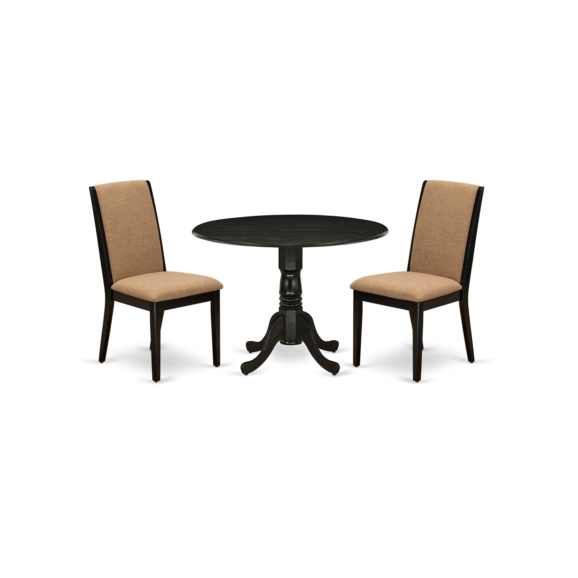 East West Furniture Dublin 3 Piece Room Set Contains A Round Kitchen Table With Dropleaf And 2 Light Sable Linen Fabric Parson Dining Chairs, 42X42 Inch, Dlla3-Abk-47